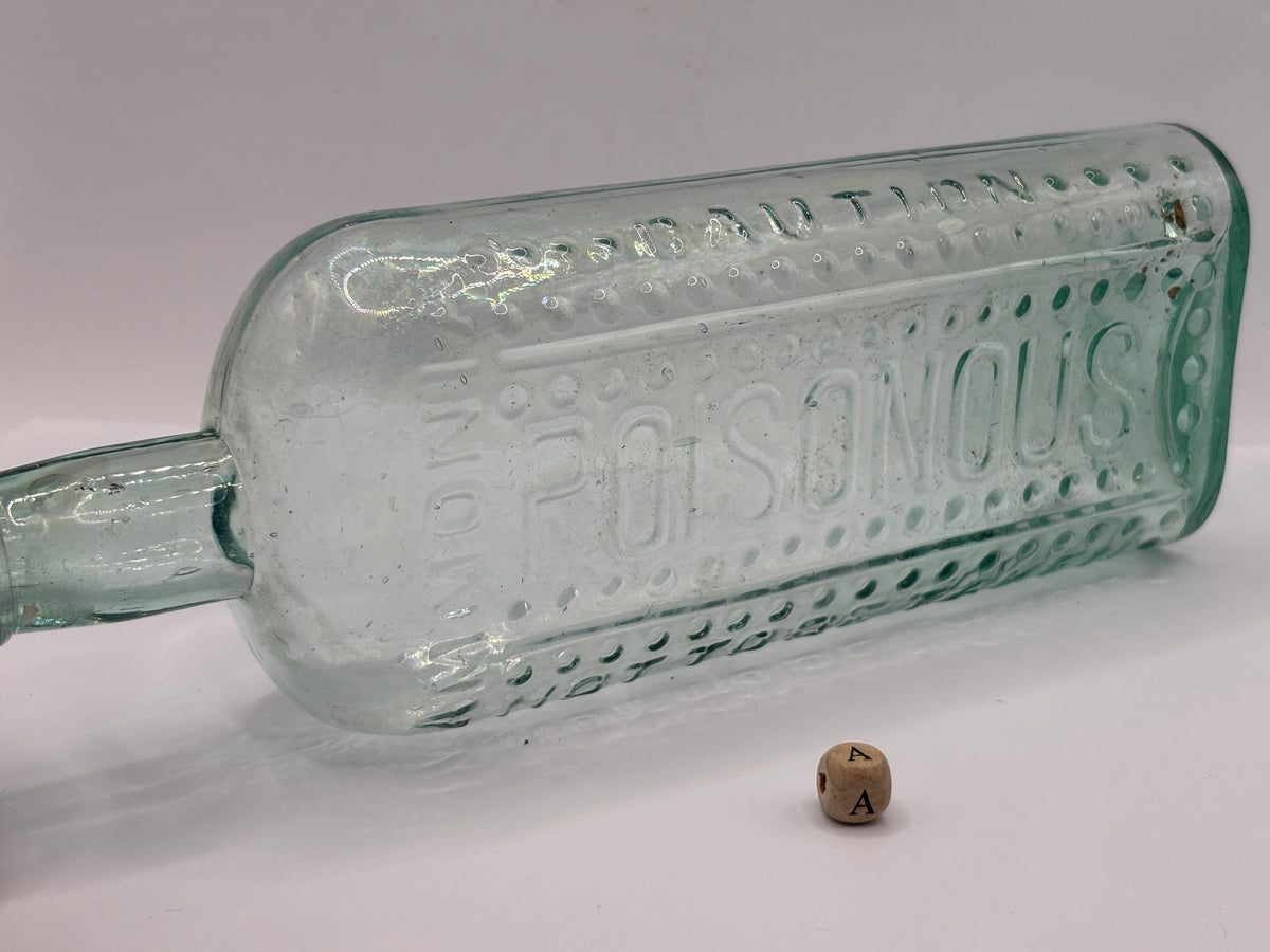 Old large aqua glass poison bottle 24cms (a)