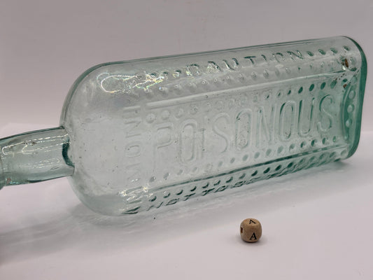 Old large aqua glass poison bottle 24cms (a)