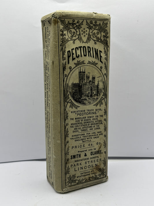 Old original boxed advertising chemist bottle, Pectorine, Park street Lincoln