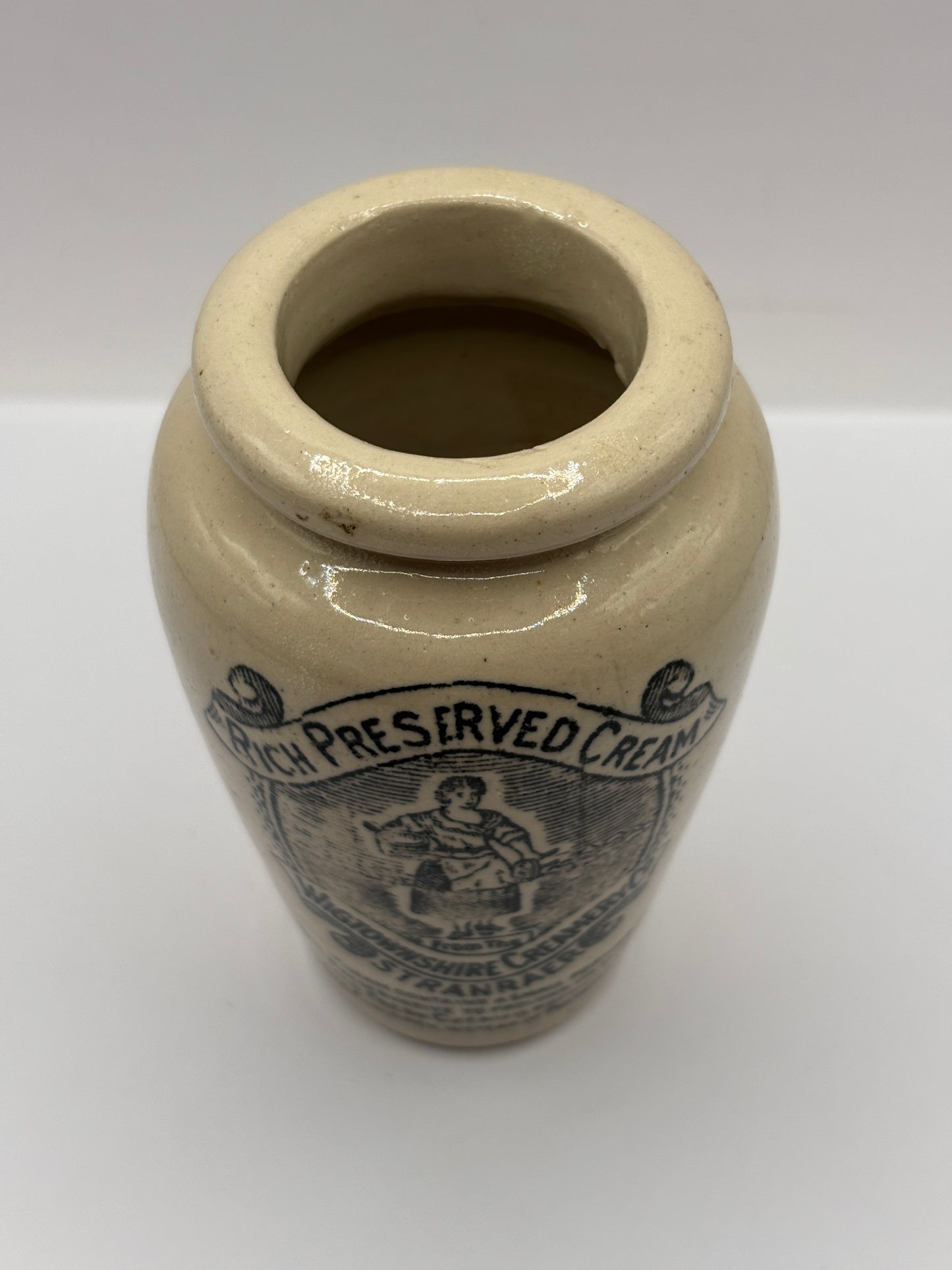 Old advertising cream pot, Rich preserved cream, Stranraer. Milk maid.