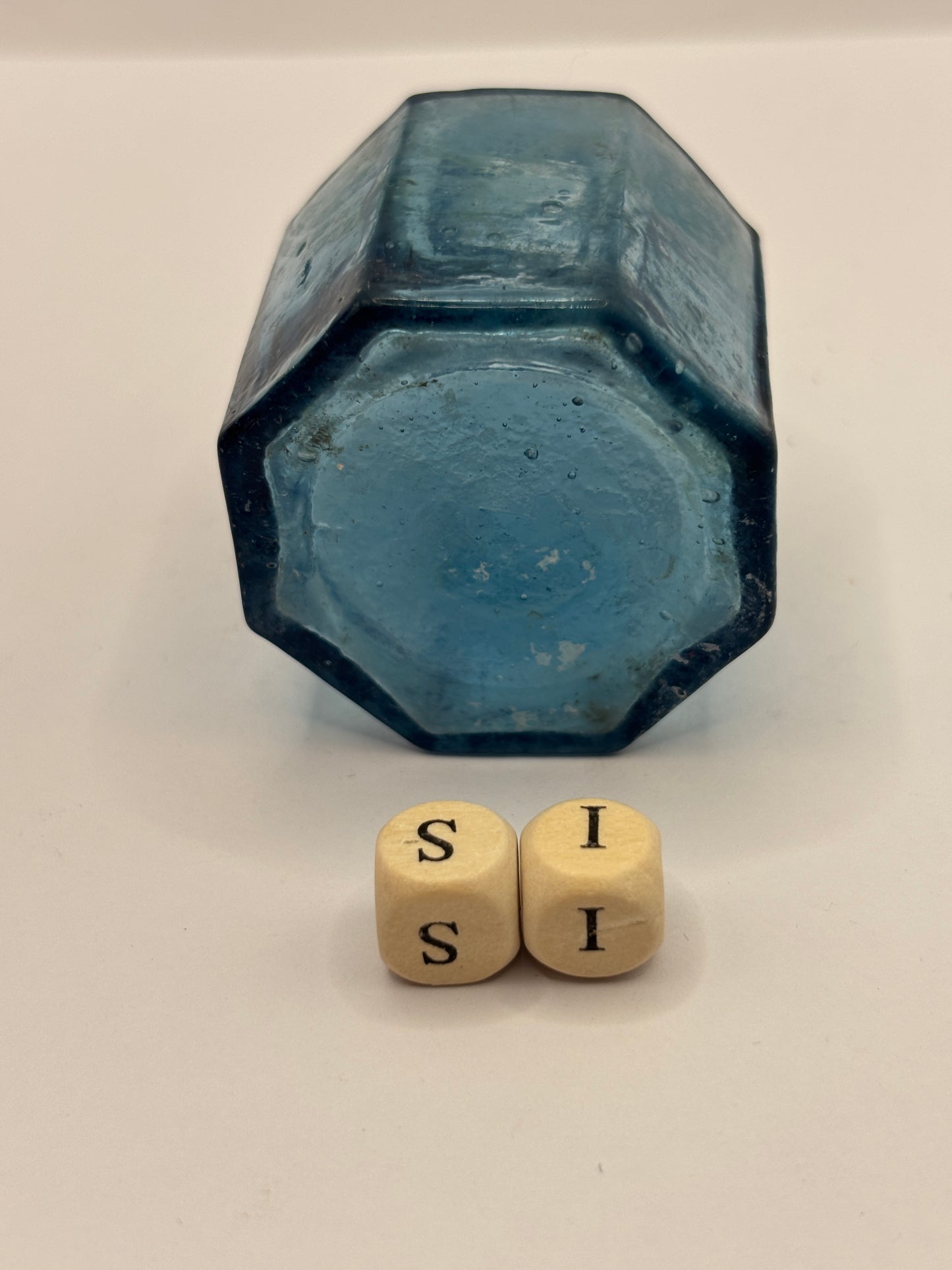 Old blue glass ink bottle, inkwell, penny ink (si)