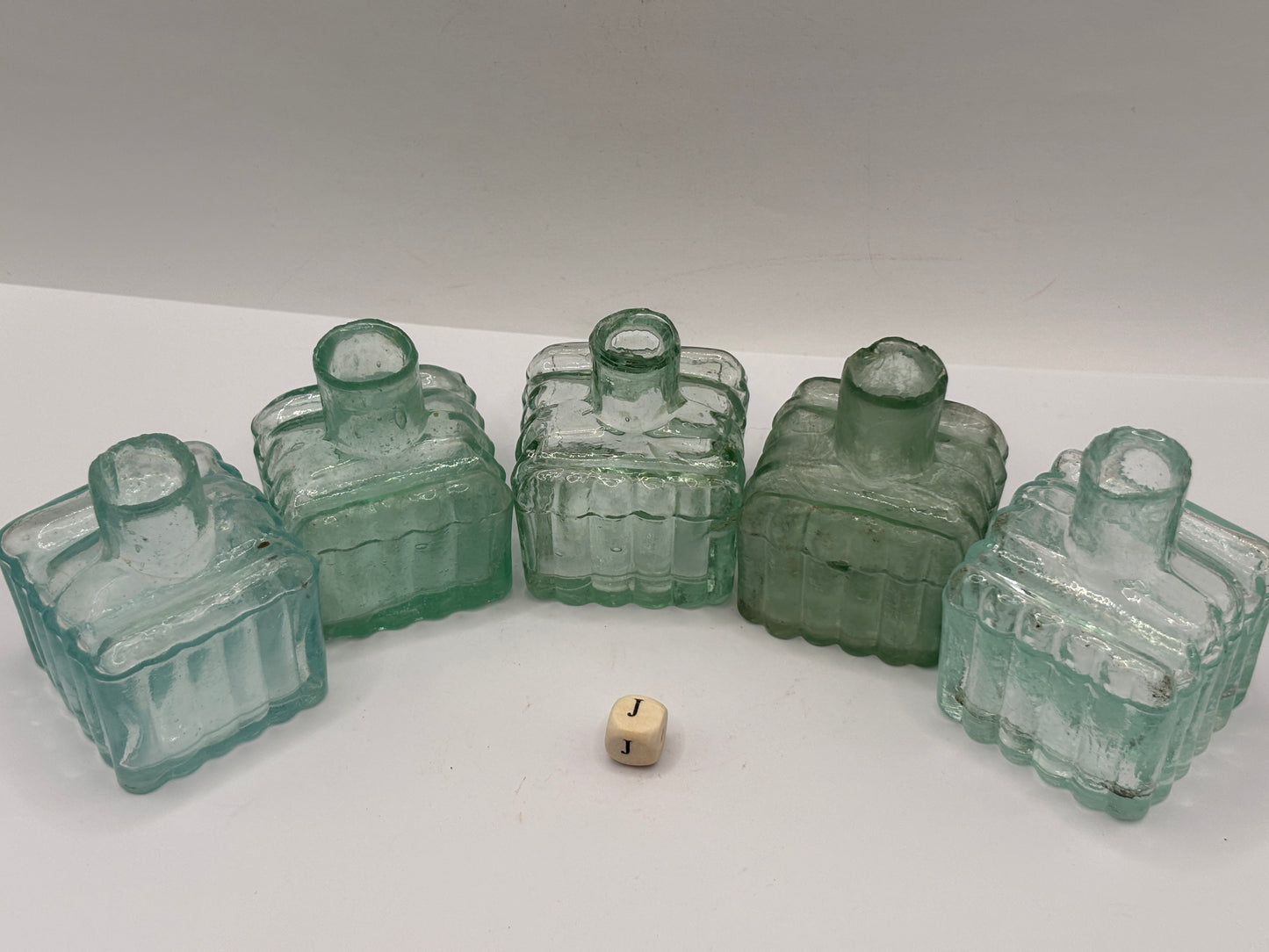 5 old aqua glass ribbed inks, inkwells, ink bottles, penny ink (J)