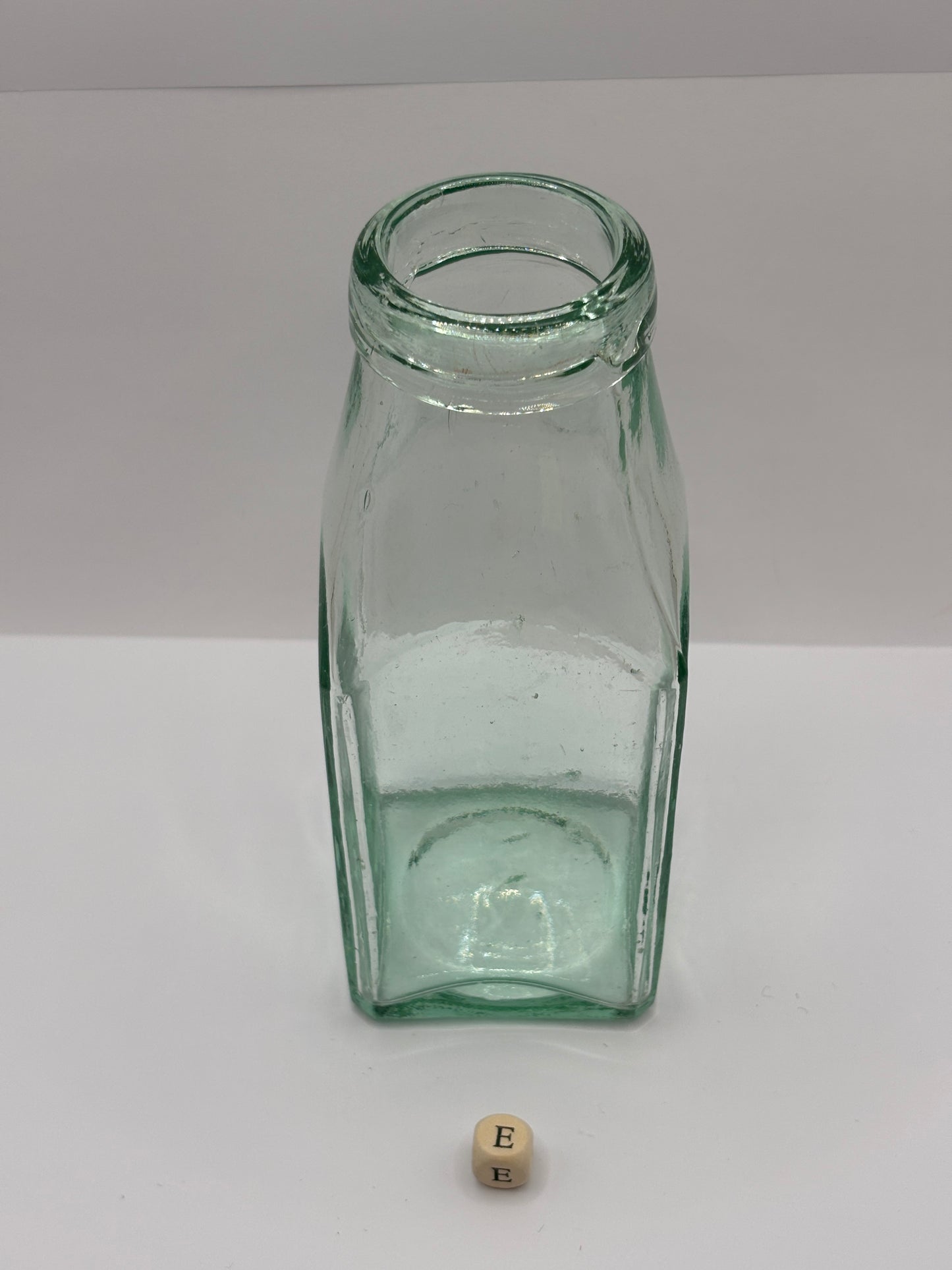 Old aqua glass pickle jar, preserve jar (e)