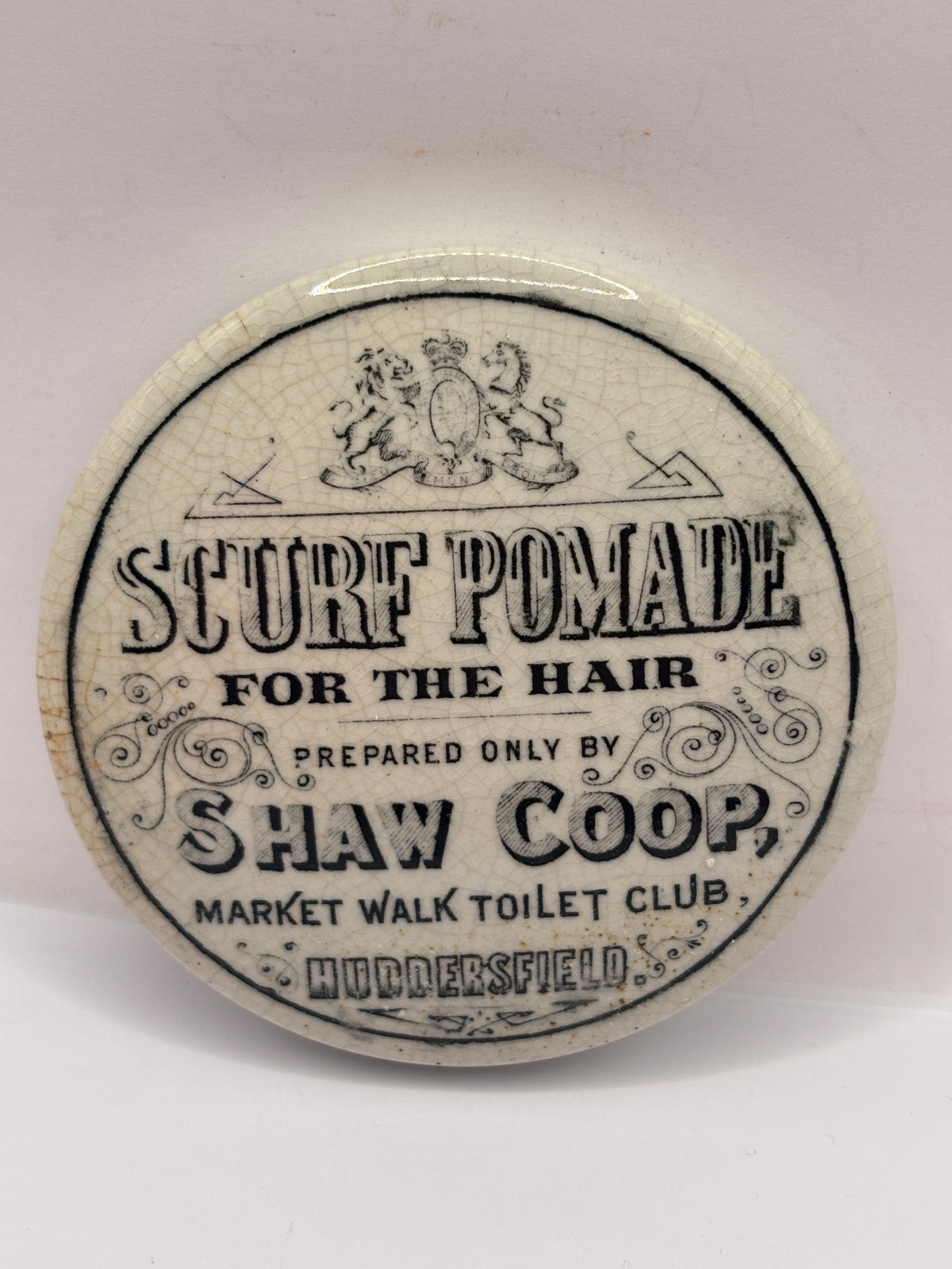 Old advertising lid. Scurf pomade for the hair. Huddersfield