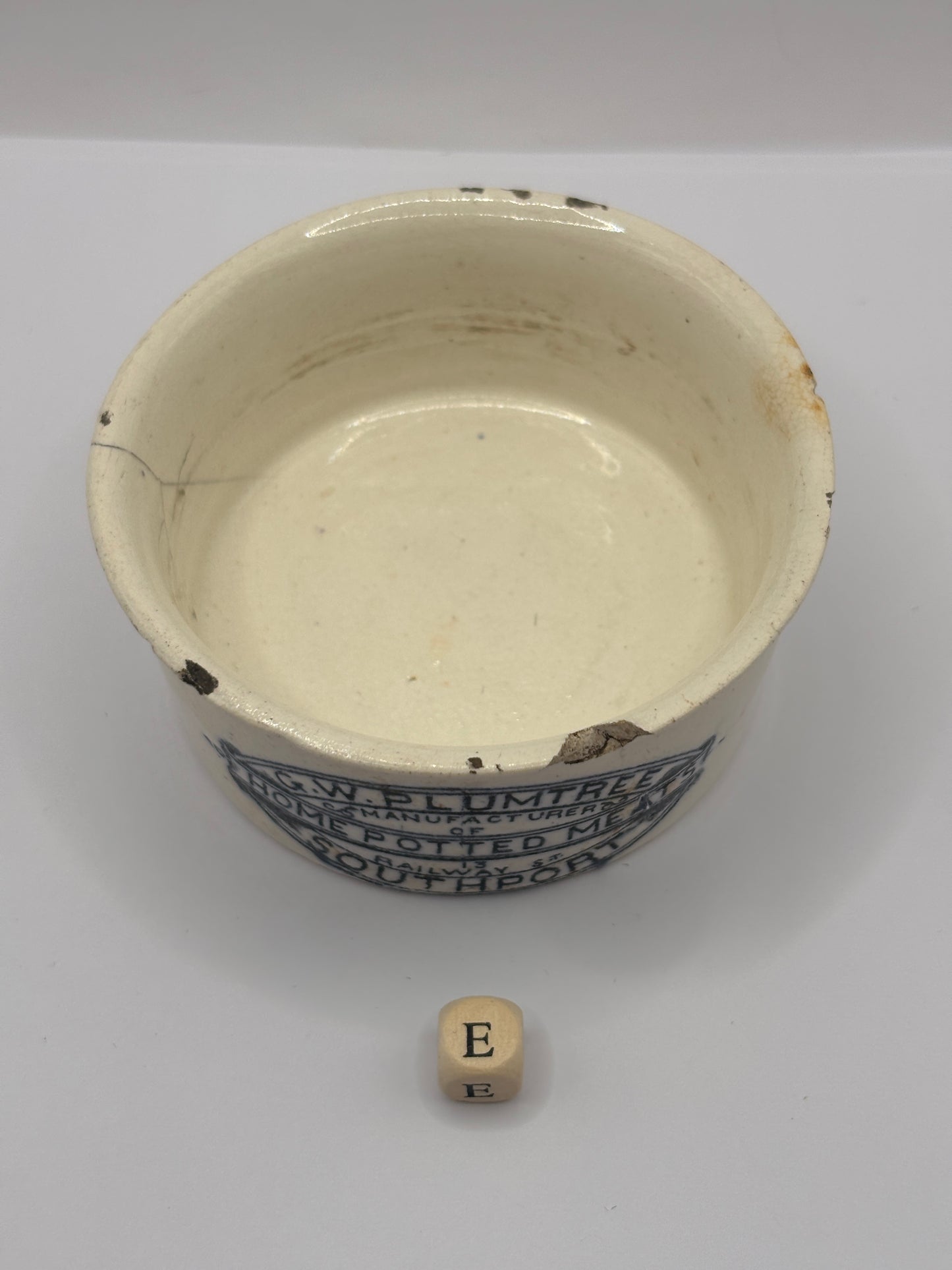 Old advertising meat paste pot, plumtrees (E) damaged