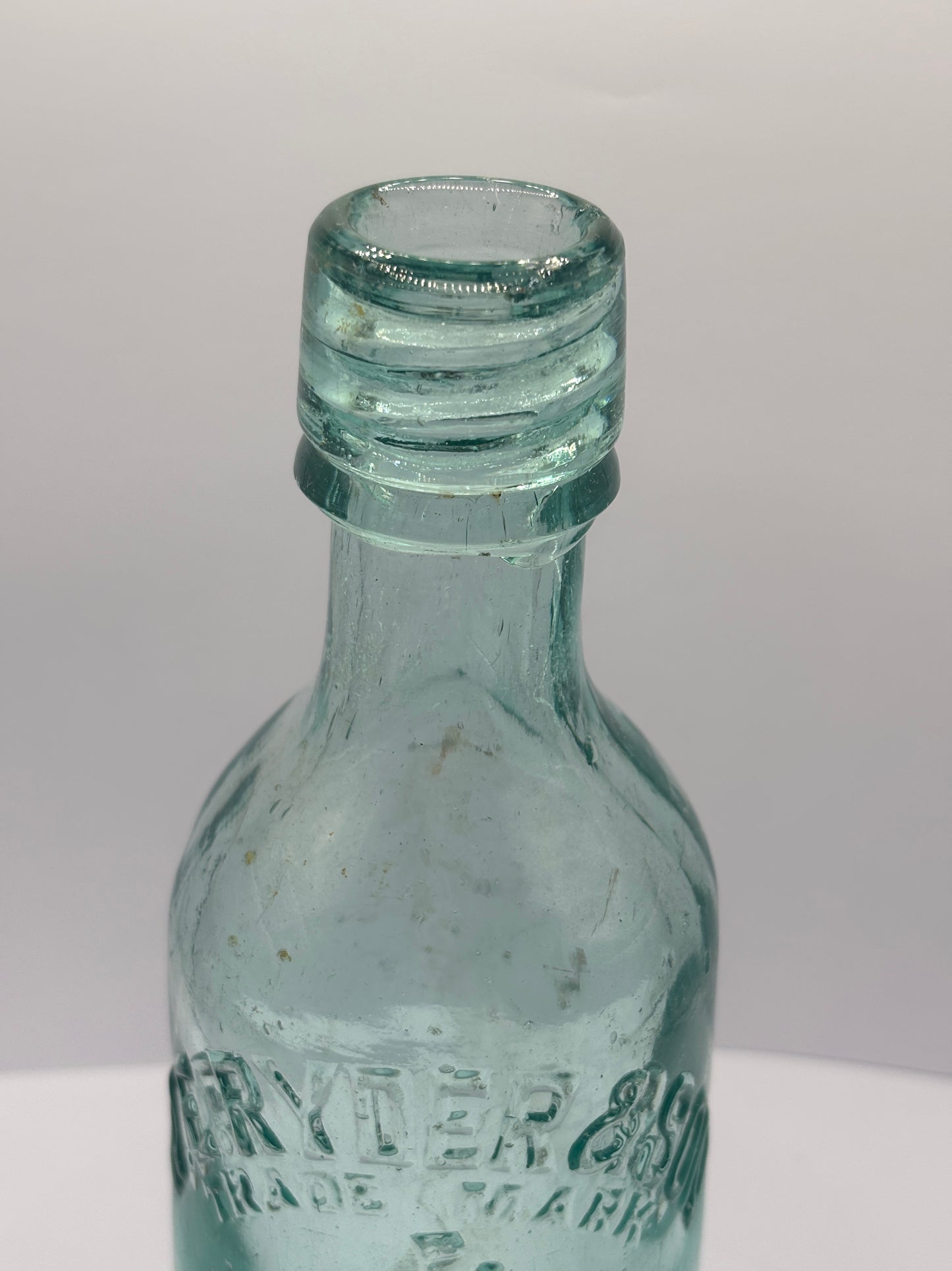 Old aqua glass Bradford beer bottle, Ryder & son
