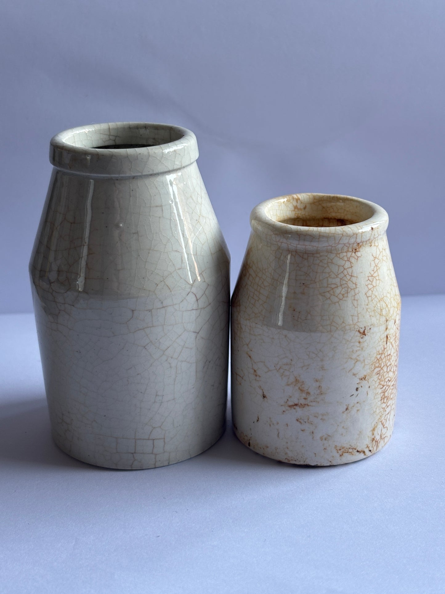 2 Old white stoneware jars, creamers, churns, stained & crazed