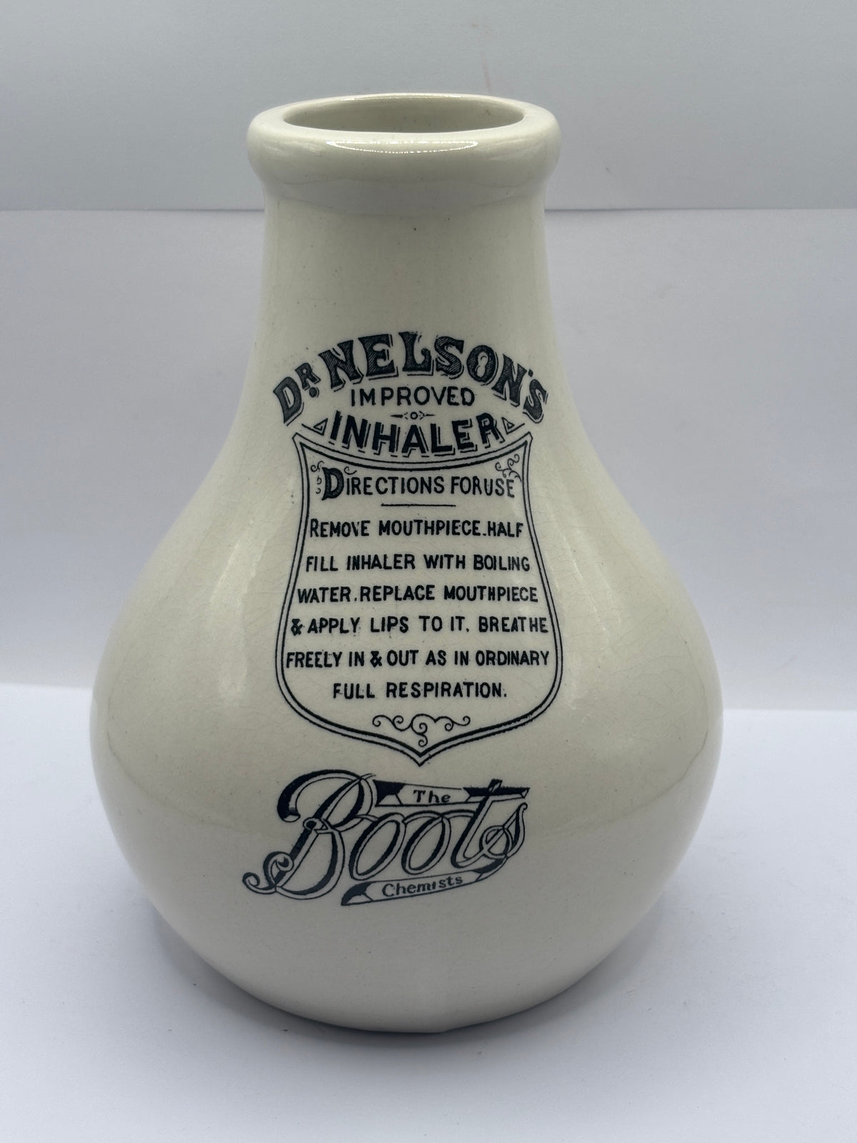 Old advertising stoneware inhaler, Dr Nelsons improved inhale, Boots the chemists