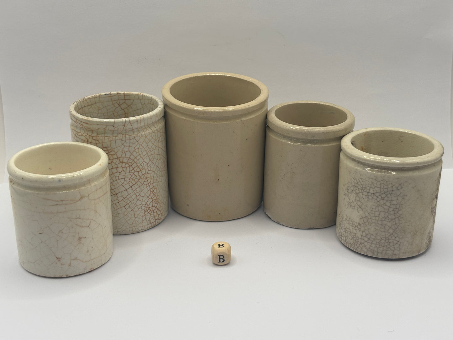5 old white stoneware jars & pots (B)