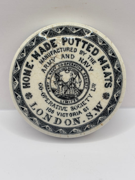 Old advertising lid, army & navy. Home made potted meats