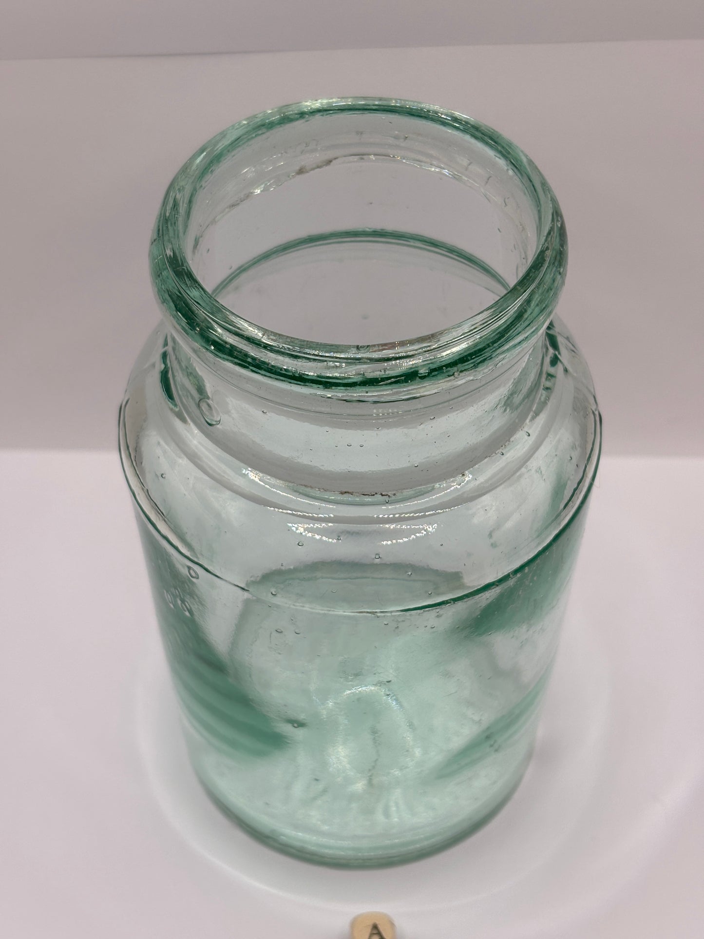 Old 2lb aqua glass pickle jar, preserve jar (a)