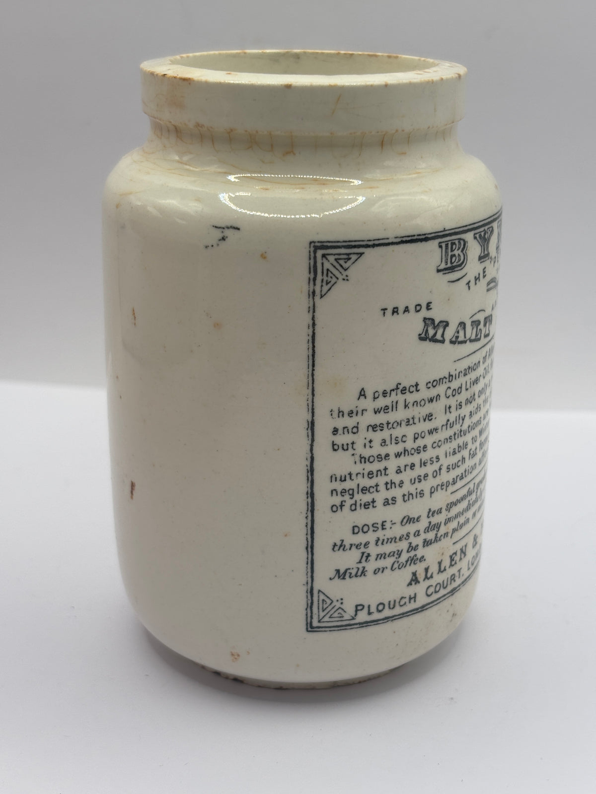 Old advertising jar, Bynol the perfected malt & oil