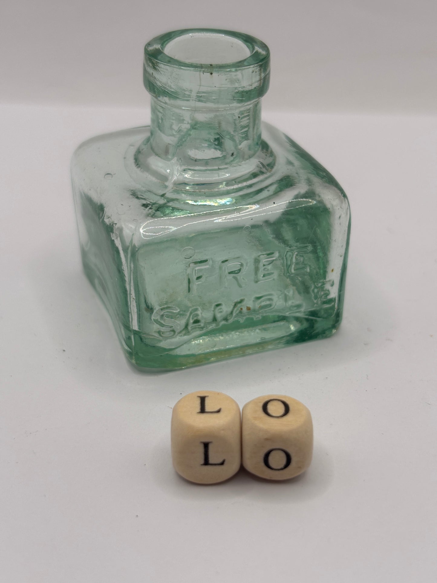 Old aqua glass inkwell, Free Sample ink (LO)