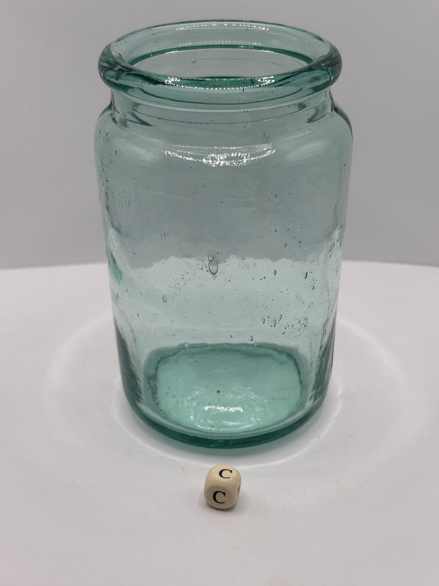 Old aqua glass jam jar (c)