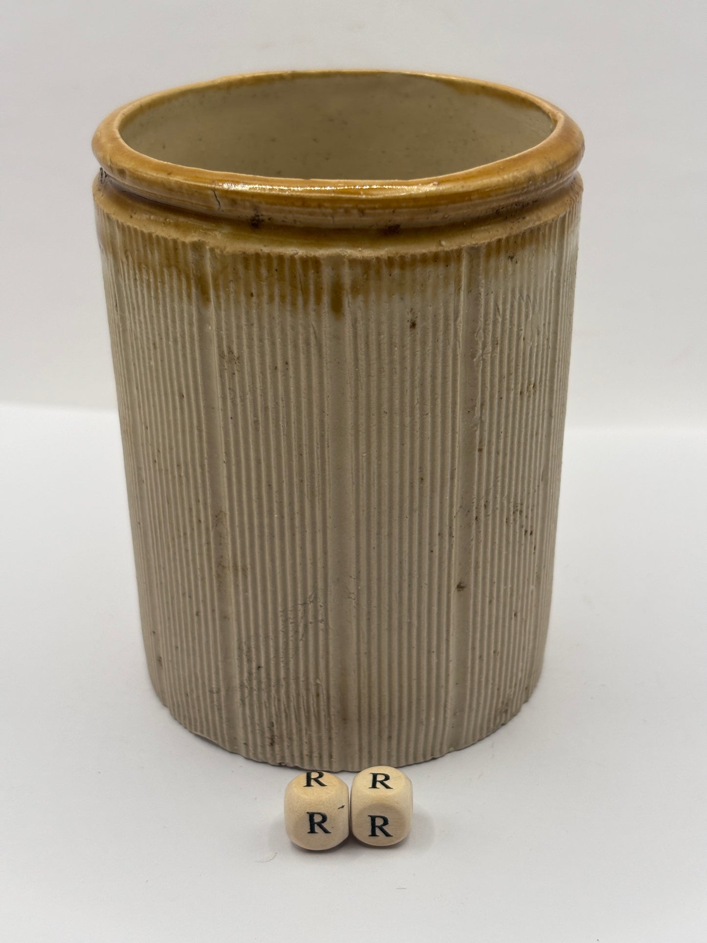 Old 1lb brown top ribbed stoneware jam pot (RR)