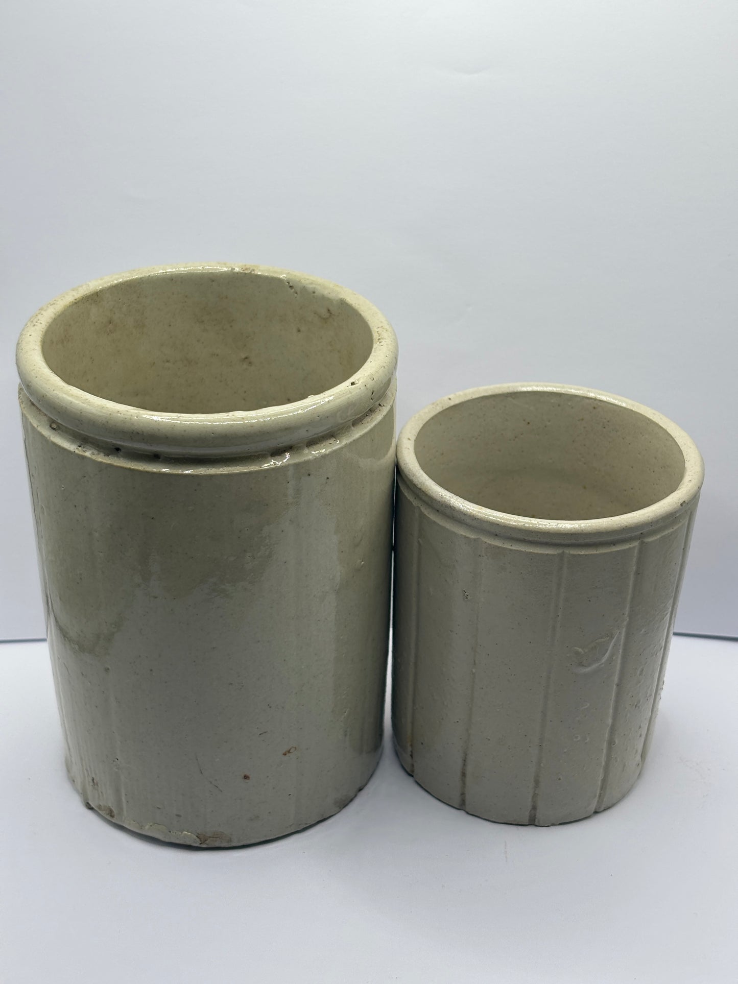 2 old ribbed stoneware jam & marmalade pots