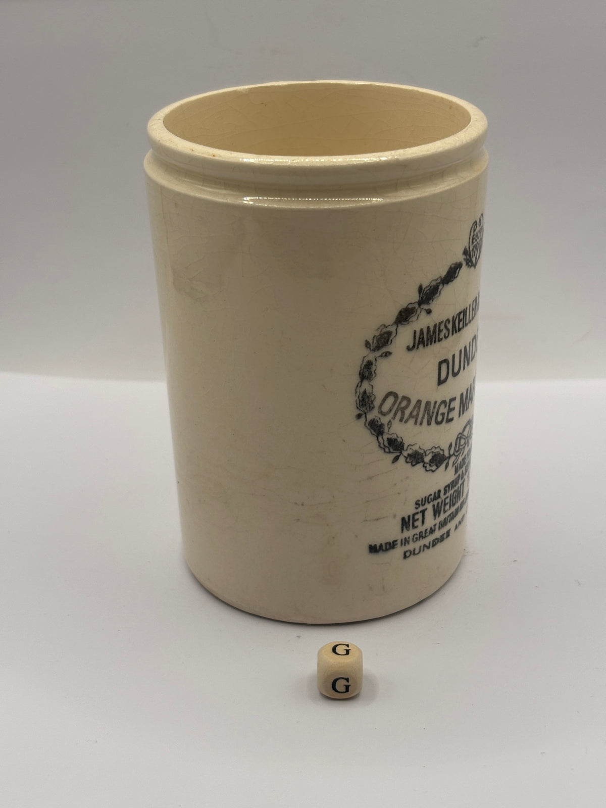 Old 1lb stoneware marmalade pot, James Keiller Dundee marmalade (G)