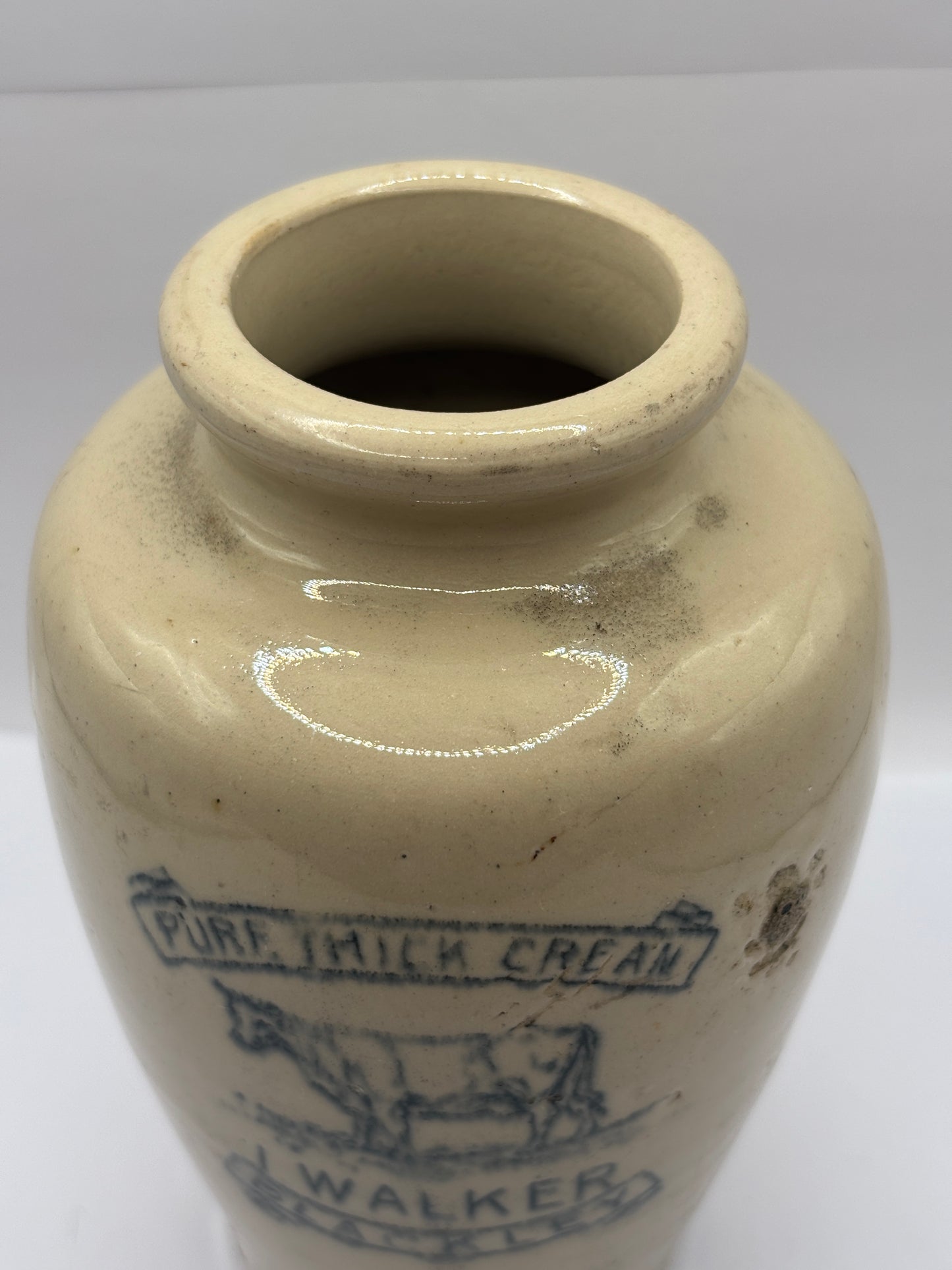 Old XL advertising cream pot, Pure thick cream. I.walker Blackley 15cms