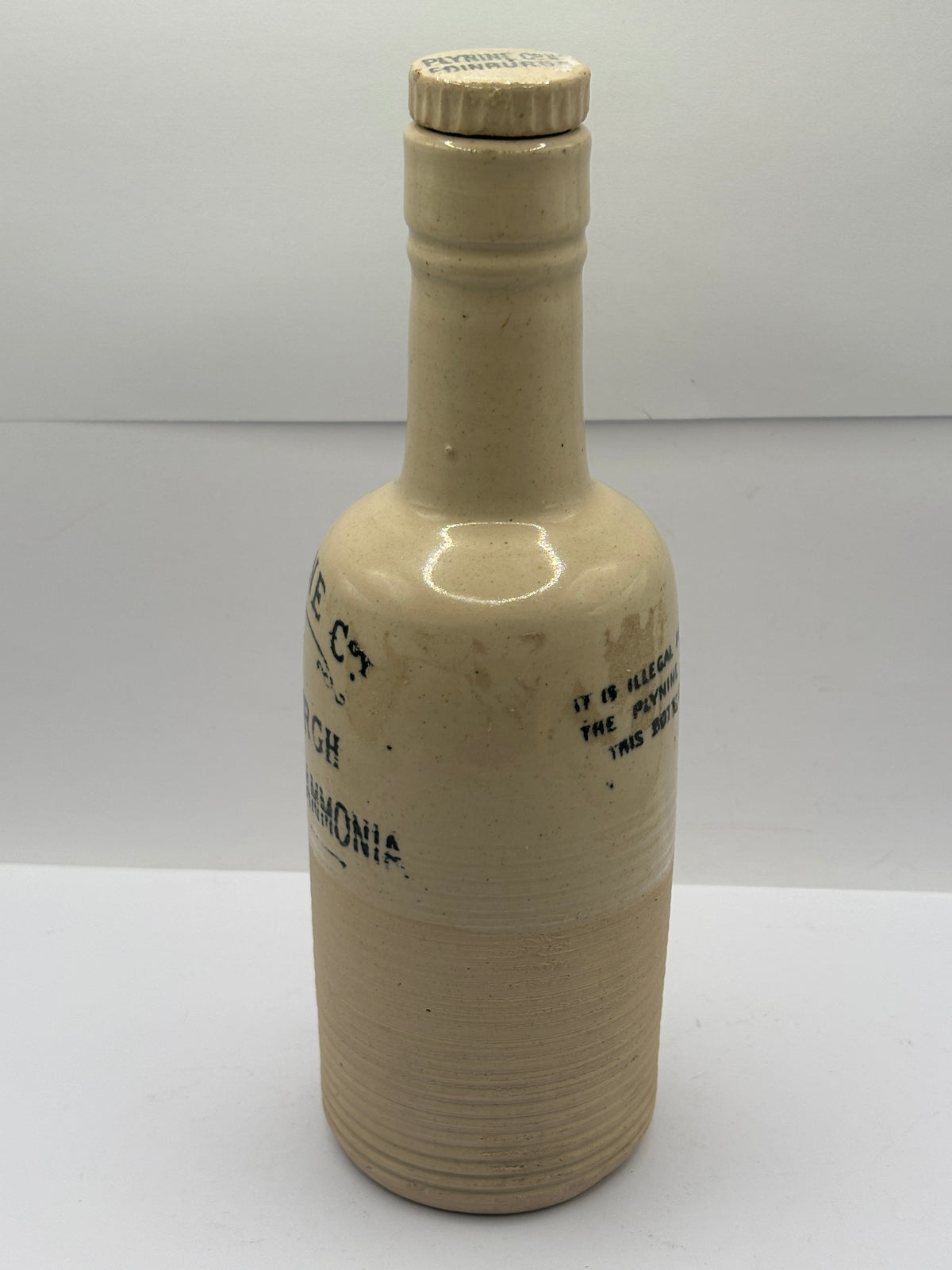 Old stoneware advertising bottle, Plynine household Ammonia with original stopper