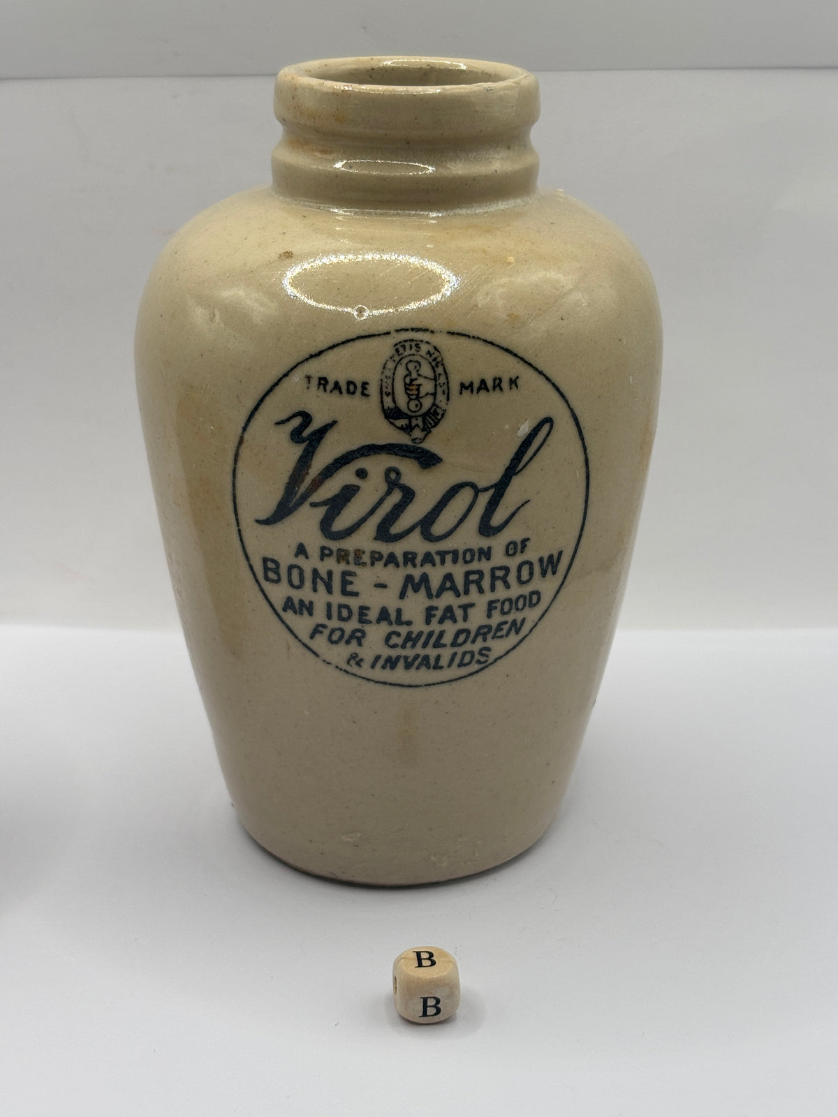 Old advertising stoneware Virol pot, 13.5cms (B)