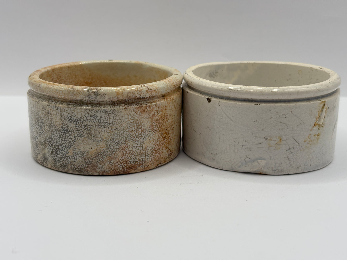 2 Old stoneware meat paste pots, potted meats