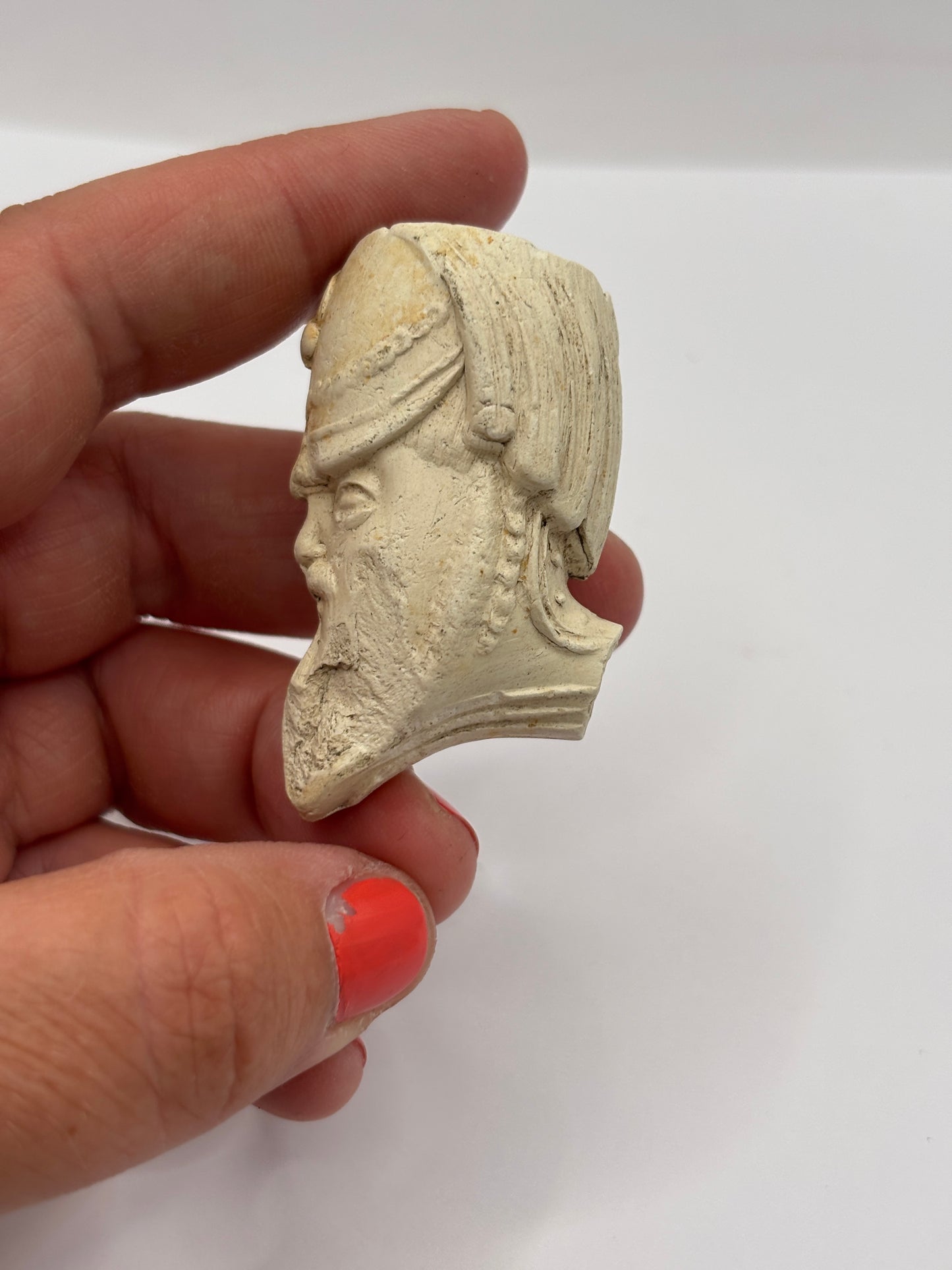 Old figural clay pipe head, pipe bowl