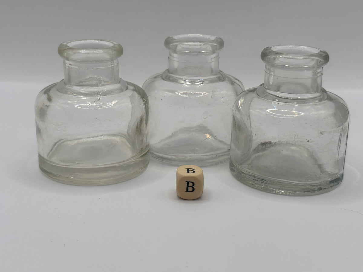 3 old clear glass inkwells, ink bottles (B)