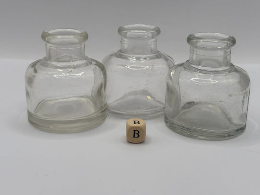 3 old clear glass inkwells, ink bottles (B)