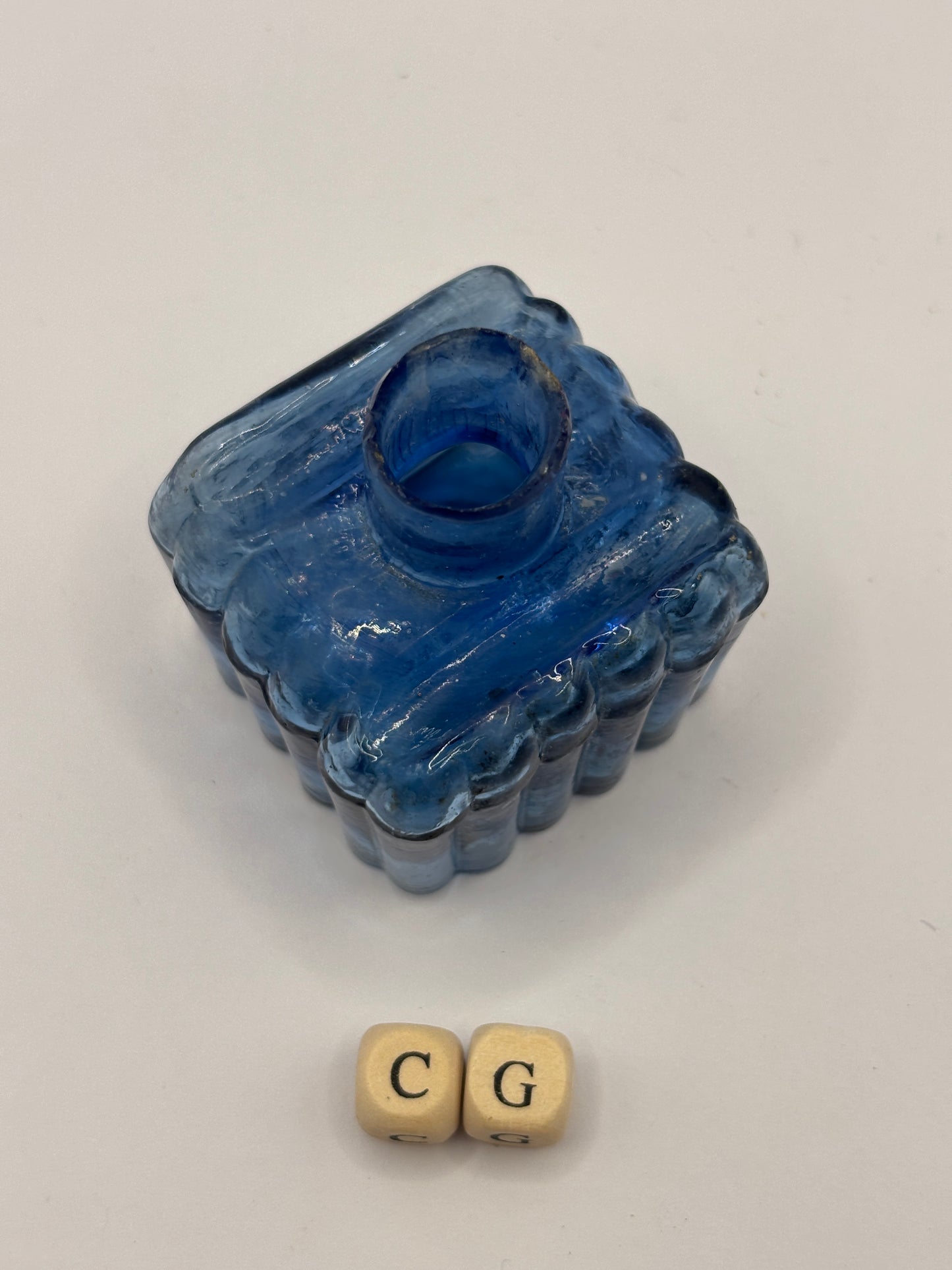 Old blue glass ink bottle, inkwell, penny ink (CG)