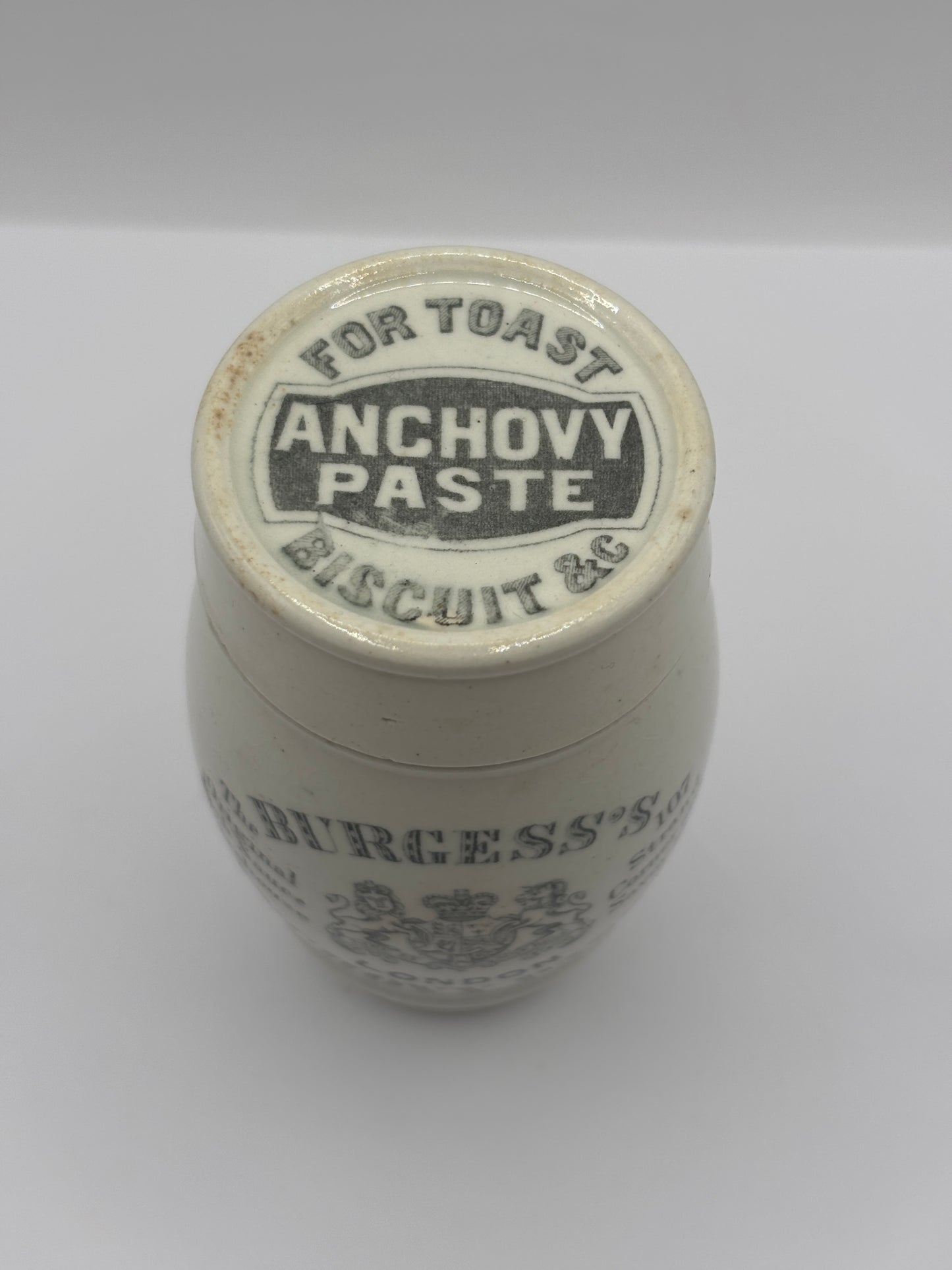 Old advertising jar and lid. Burgess anchovy paste for toast and biscuits