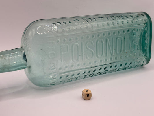 Old large aqua glass poison bottle 24cms (B)