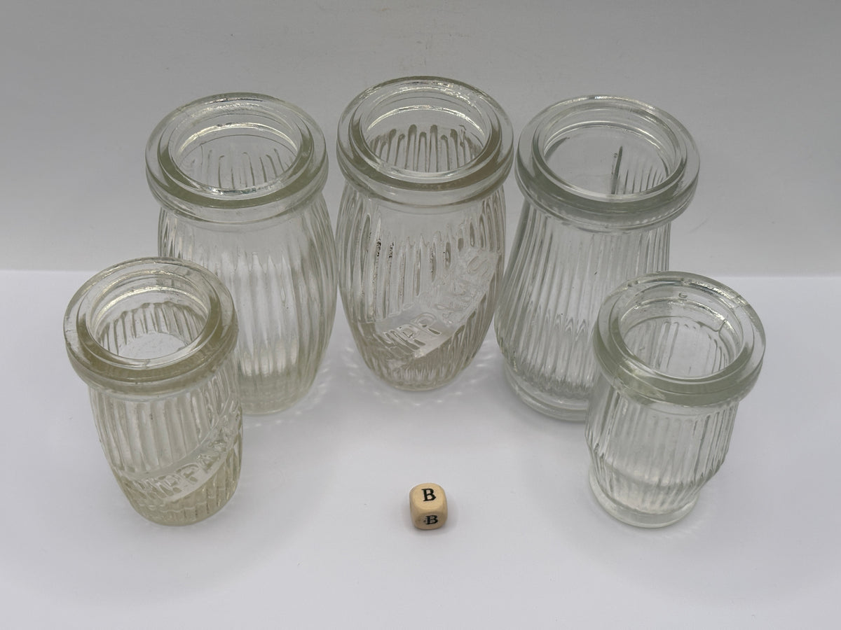 5 old clear glass meat paste jars (B)