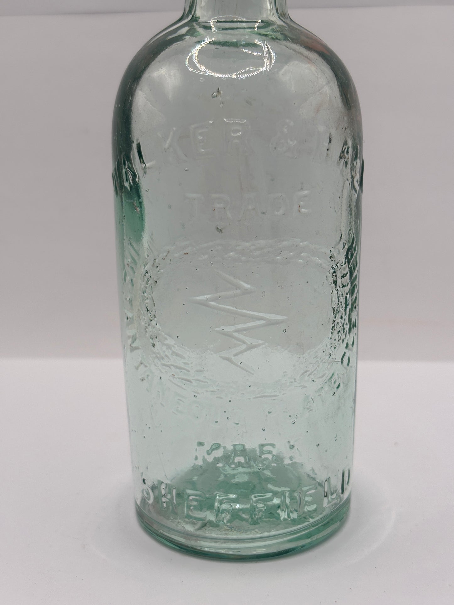 Old aqua glass advertising bottle, Instantaneous plate cleaner, Sheffield