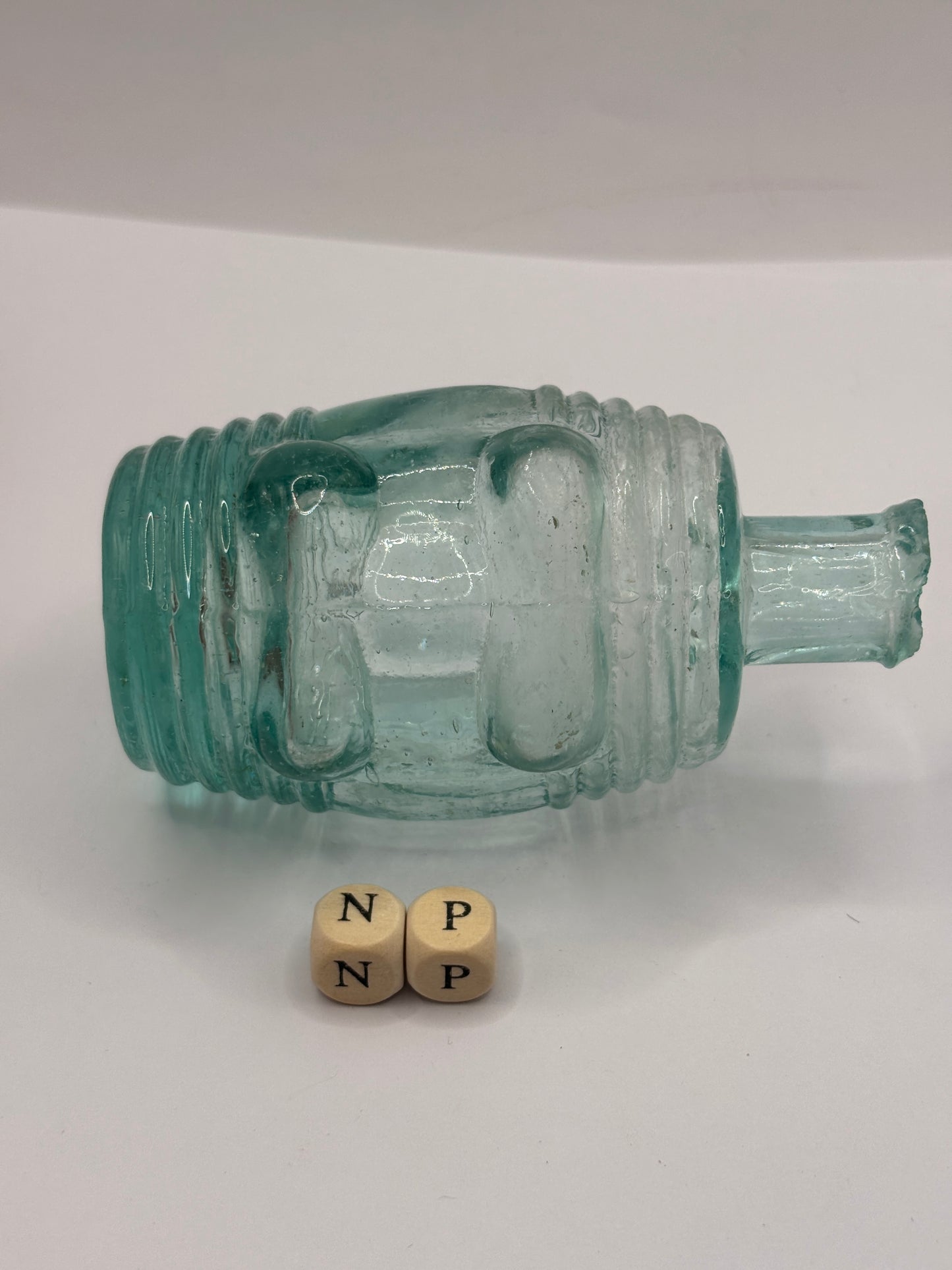 Old aqua glass barrel ink, ink bottle. Inkwell (NP)