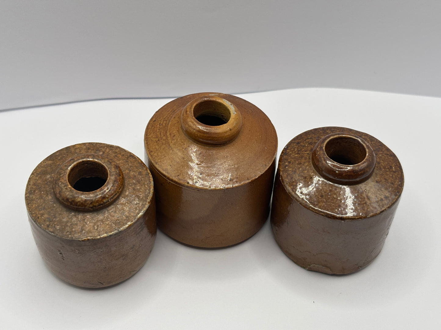 3 old stoneware pork pie inks, inkwells