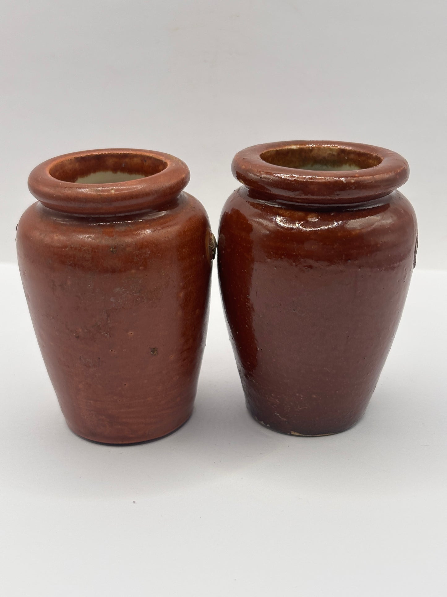 2 old small brown stoneware cream pots