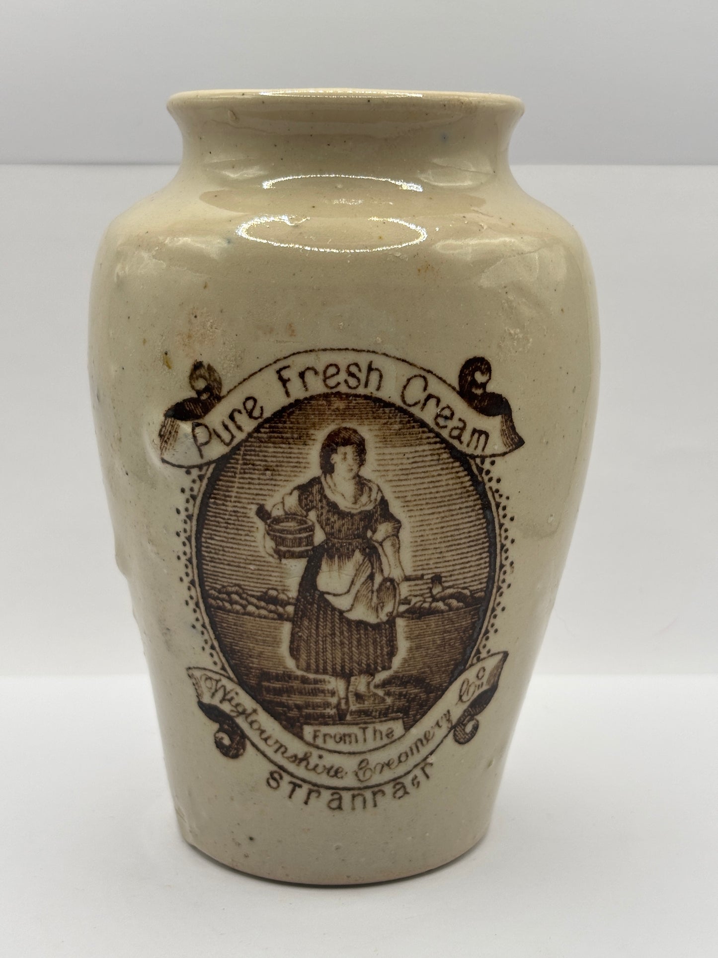 Old XL stoneware advertising cream pot, pure fresh cream Stranraer. Serpia print 13.5cms