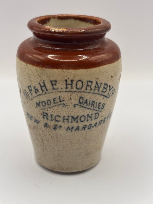 Old advertising cream pot, F&HE Hornby model dairies Richmond