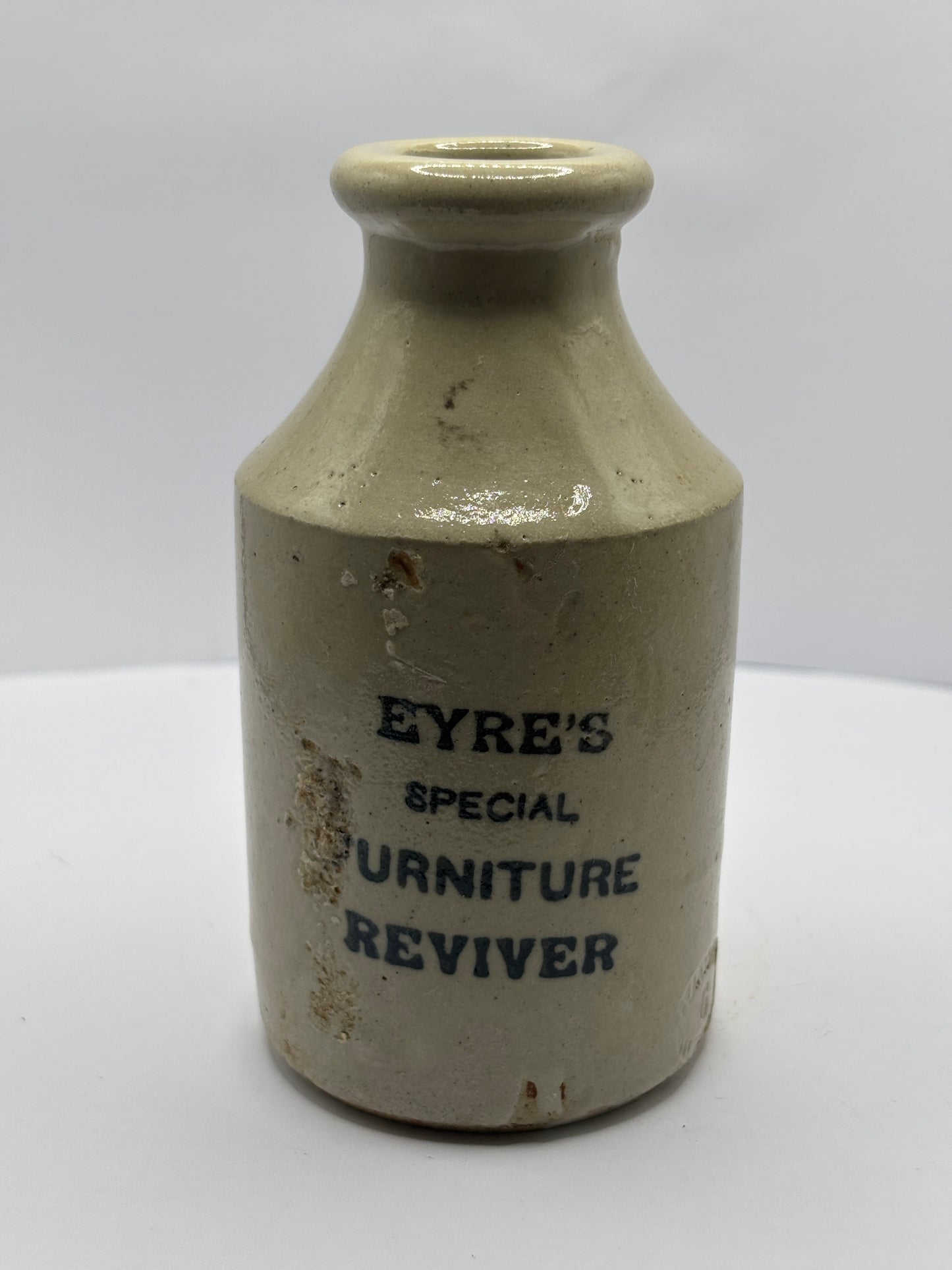 old stoneware advertising jar, Eyres special Furniture Reviver