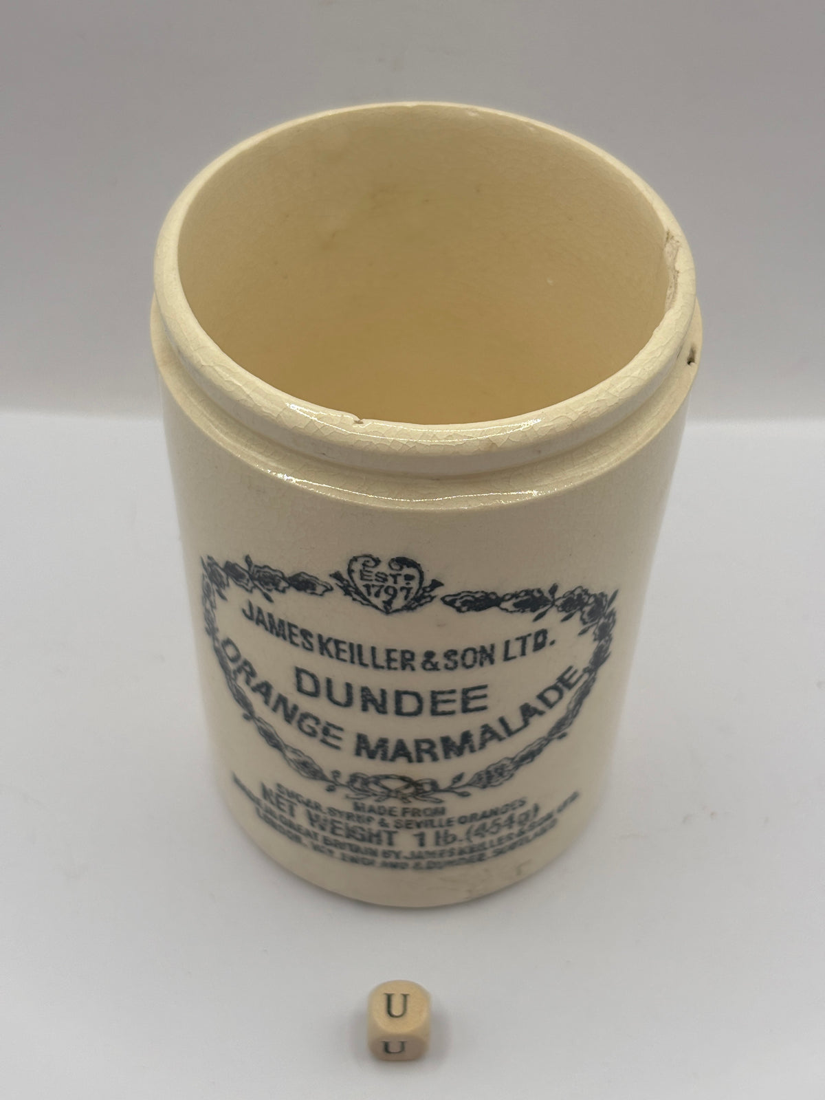Old 1lb stoneware marmalade pot, James Keiller Dundee marmalade (u)