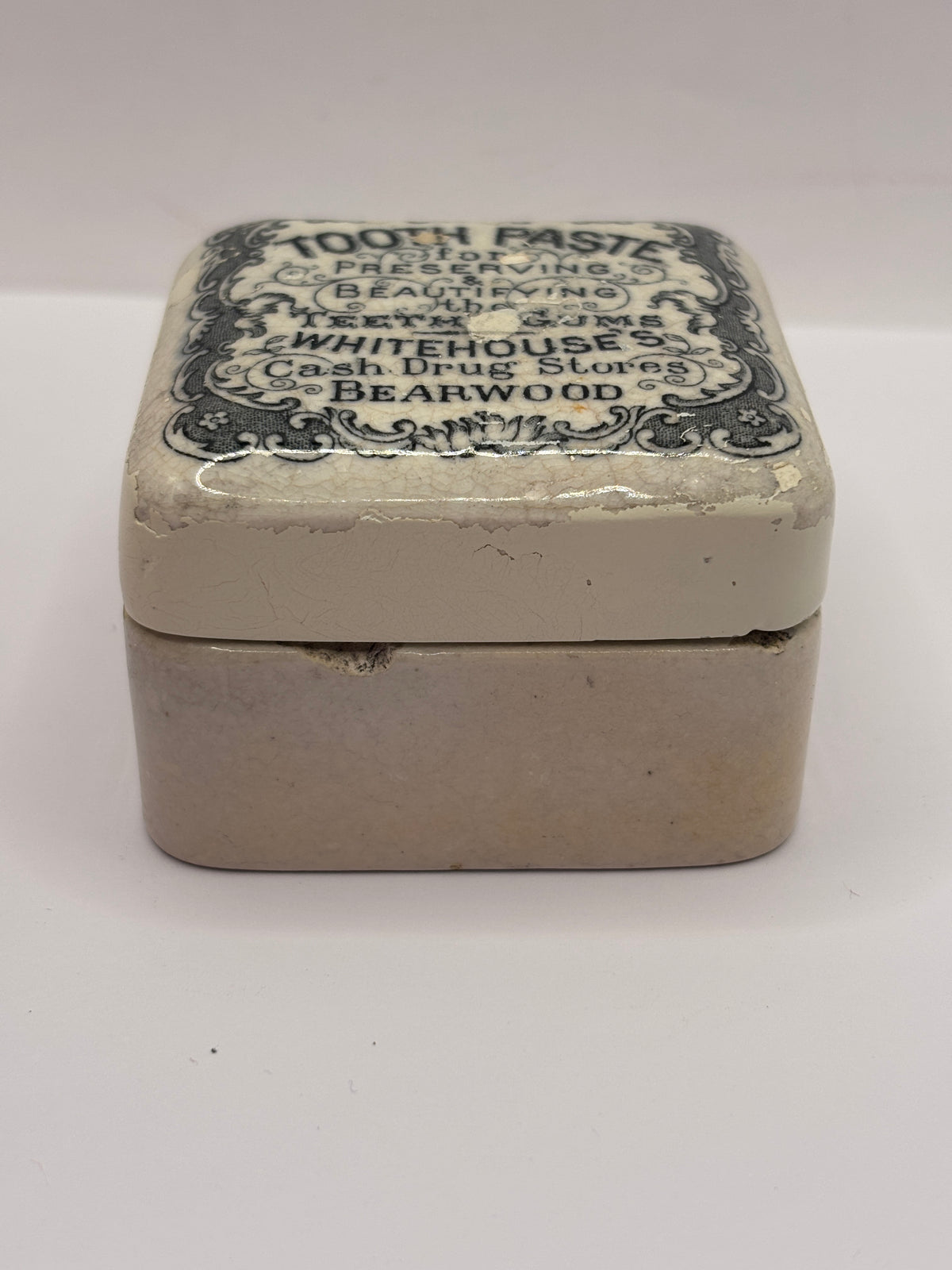 Old advertising lid and base. Whitehouses drug stores bearwood “toothpaste” repaired
