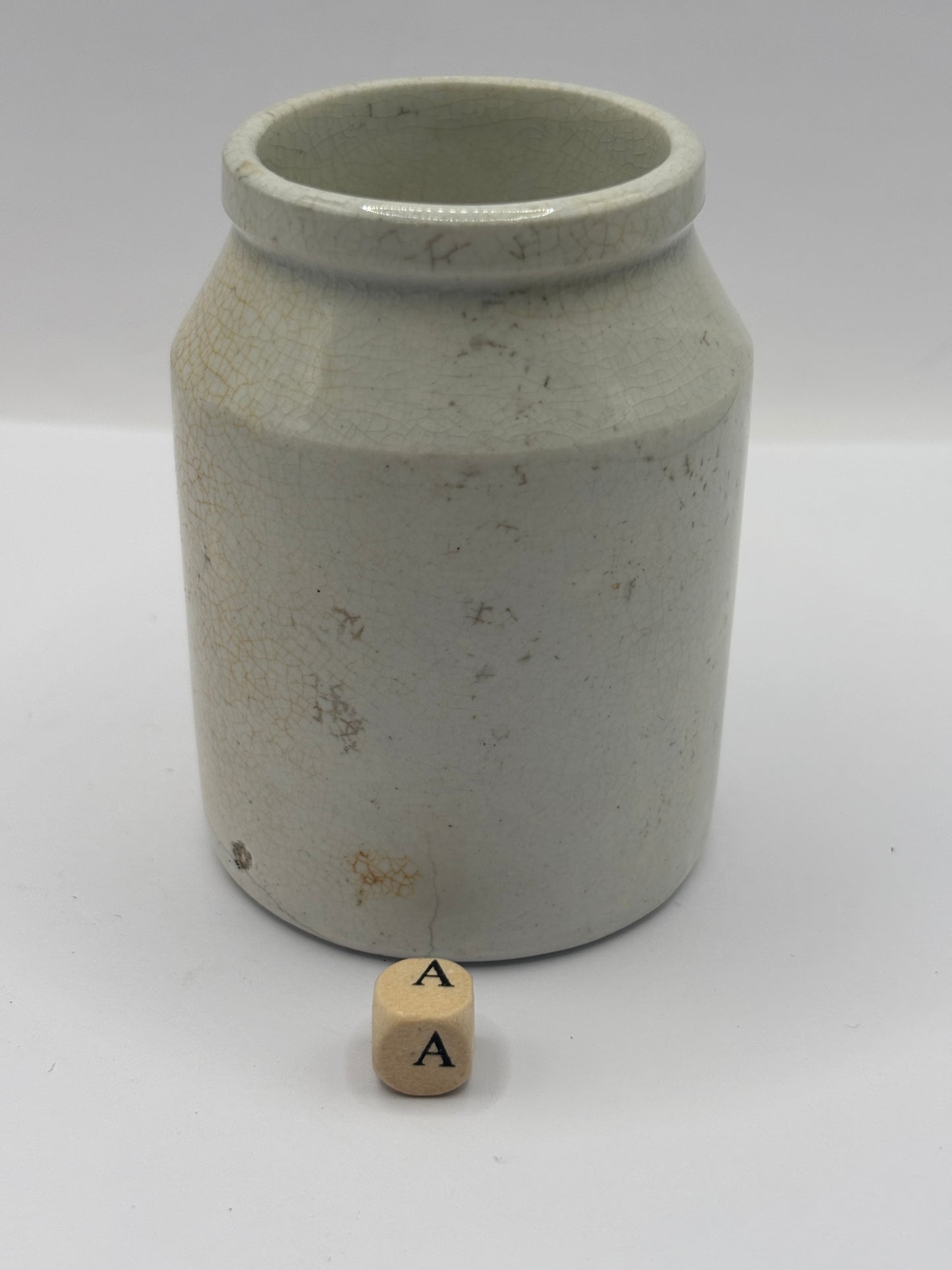 Old white stoneware jar, mustard pot. (A)