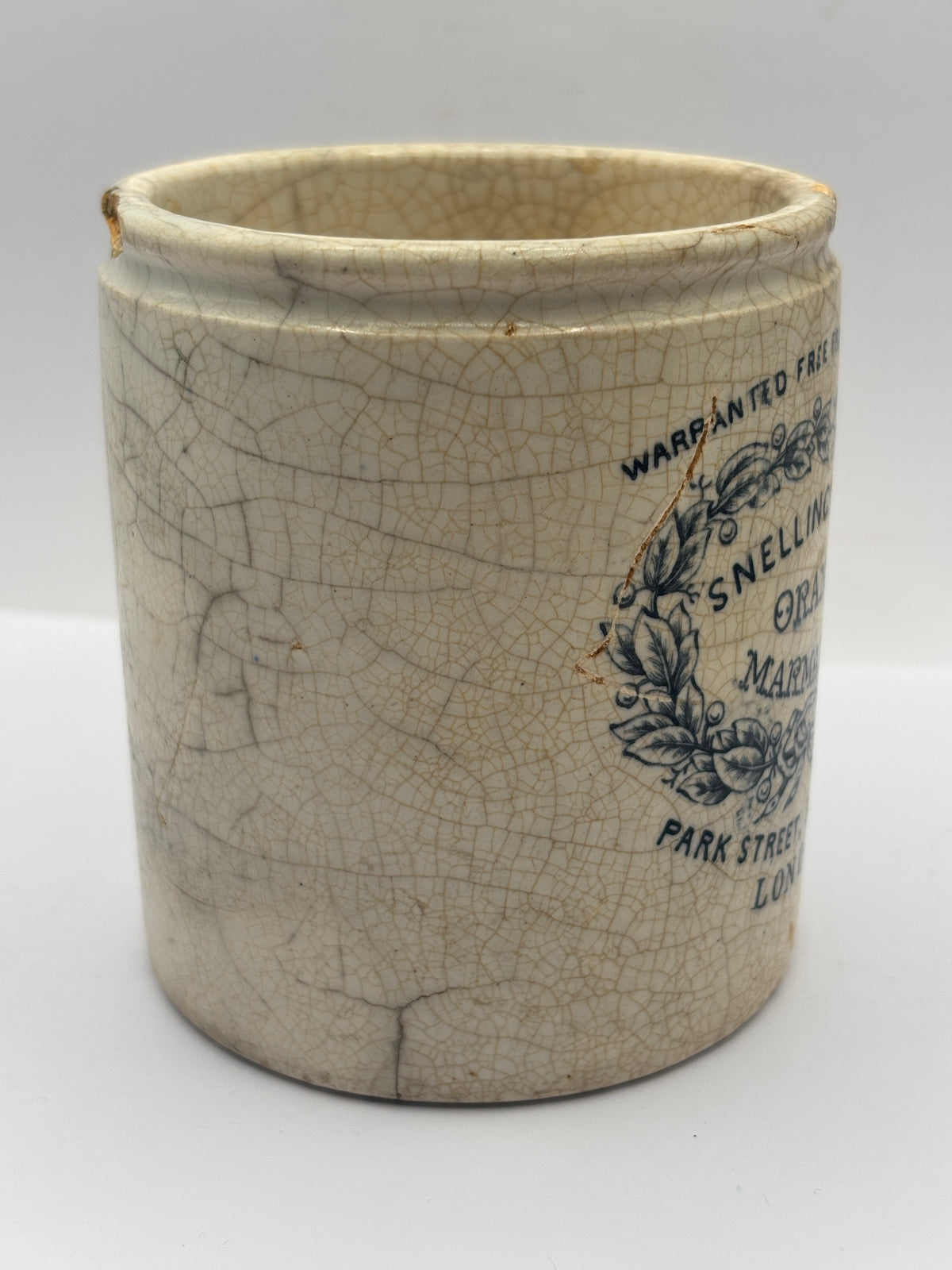 Rare old stoneware marmalade pot, Snelling & Hales orange marmalade. Damaged