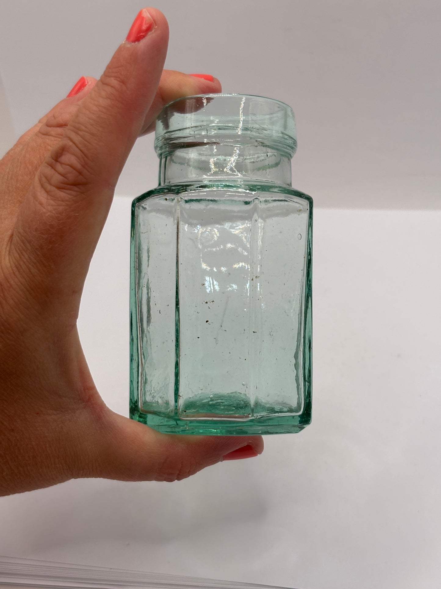 Old aqua glass mini pickle jar 11cms