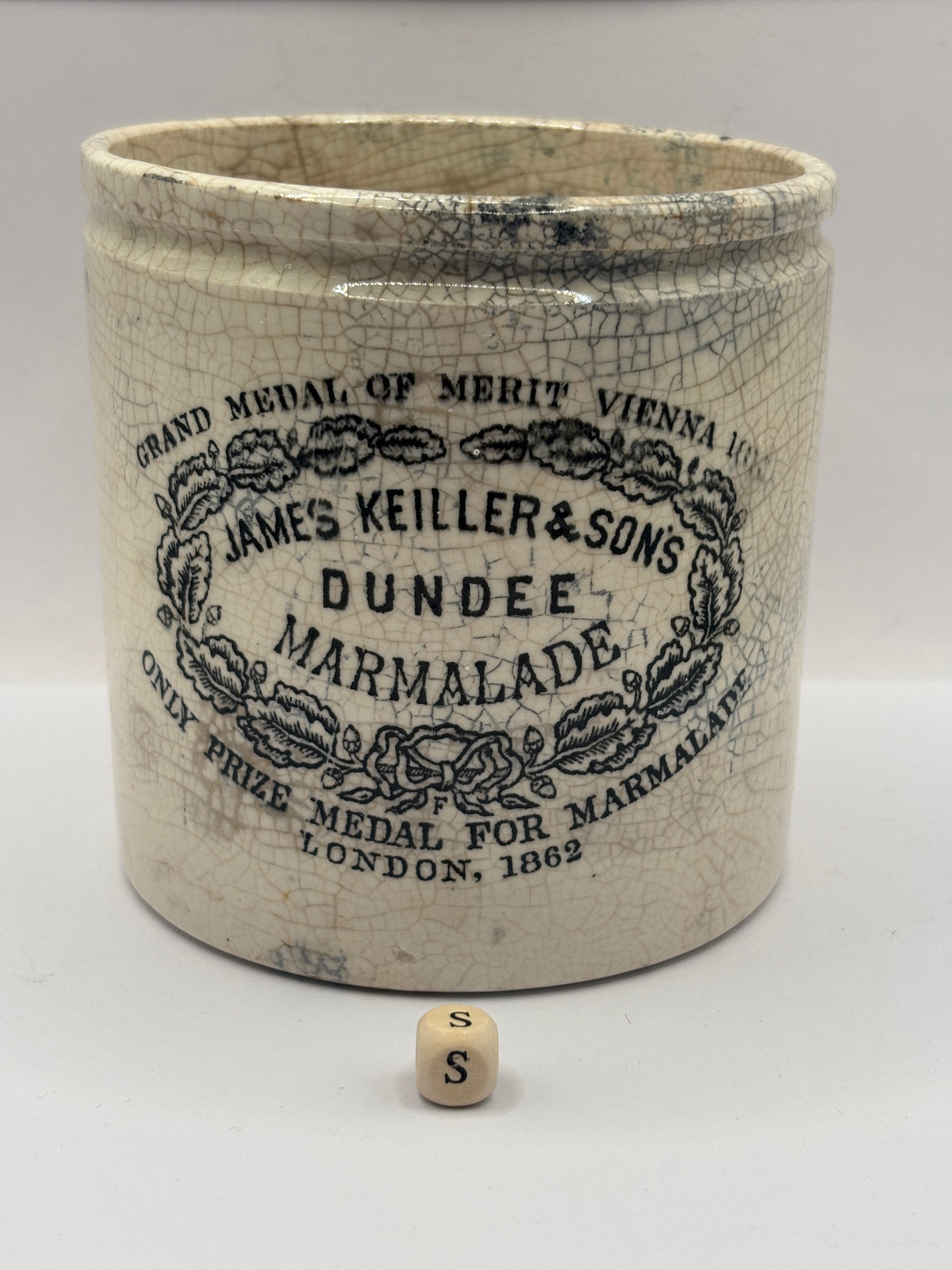 Old 2lb stoneware marmalade pot, James Keiller Dundee marmalade (s)