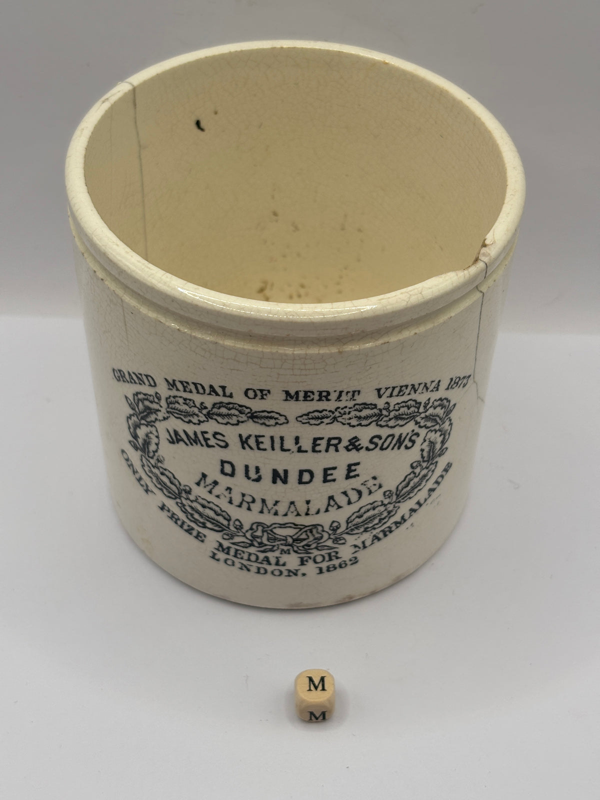 Old 2lb stoneware marmalade pot, James Keiller Dundee marmalade (m) damaged