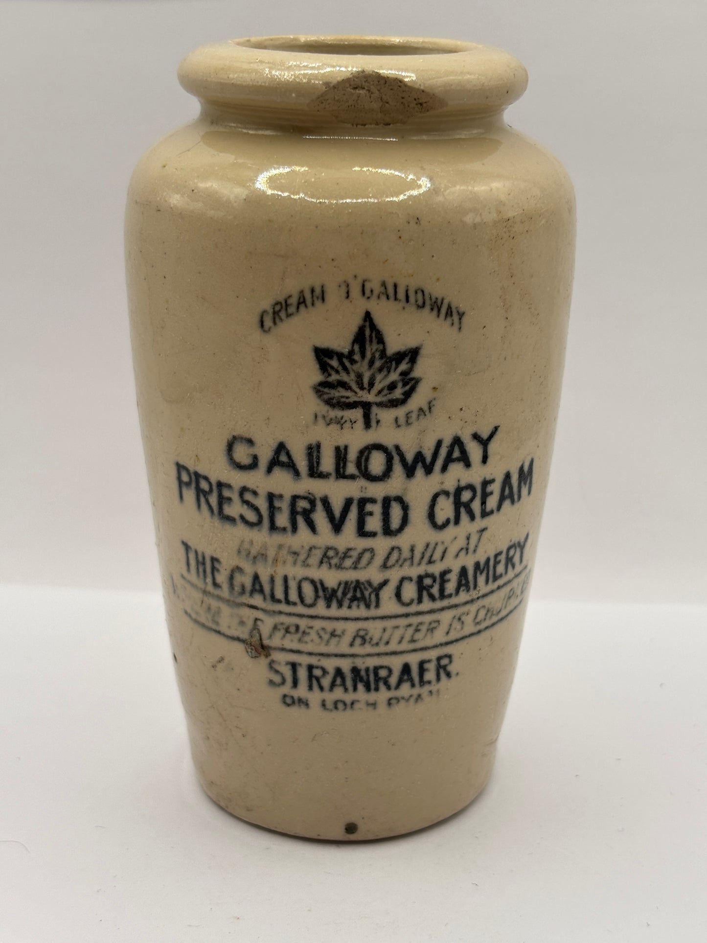 Old advertising cream pot, Galloway preserved cream. Damaged