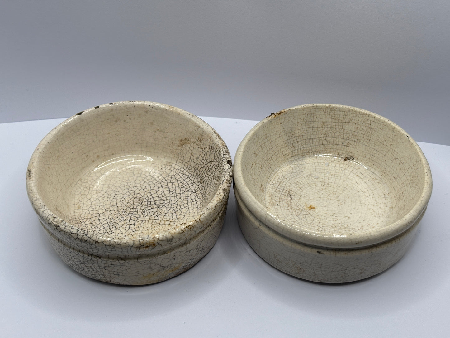 2 old stained & crazed meat paste pots