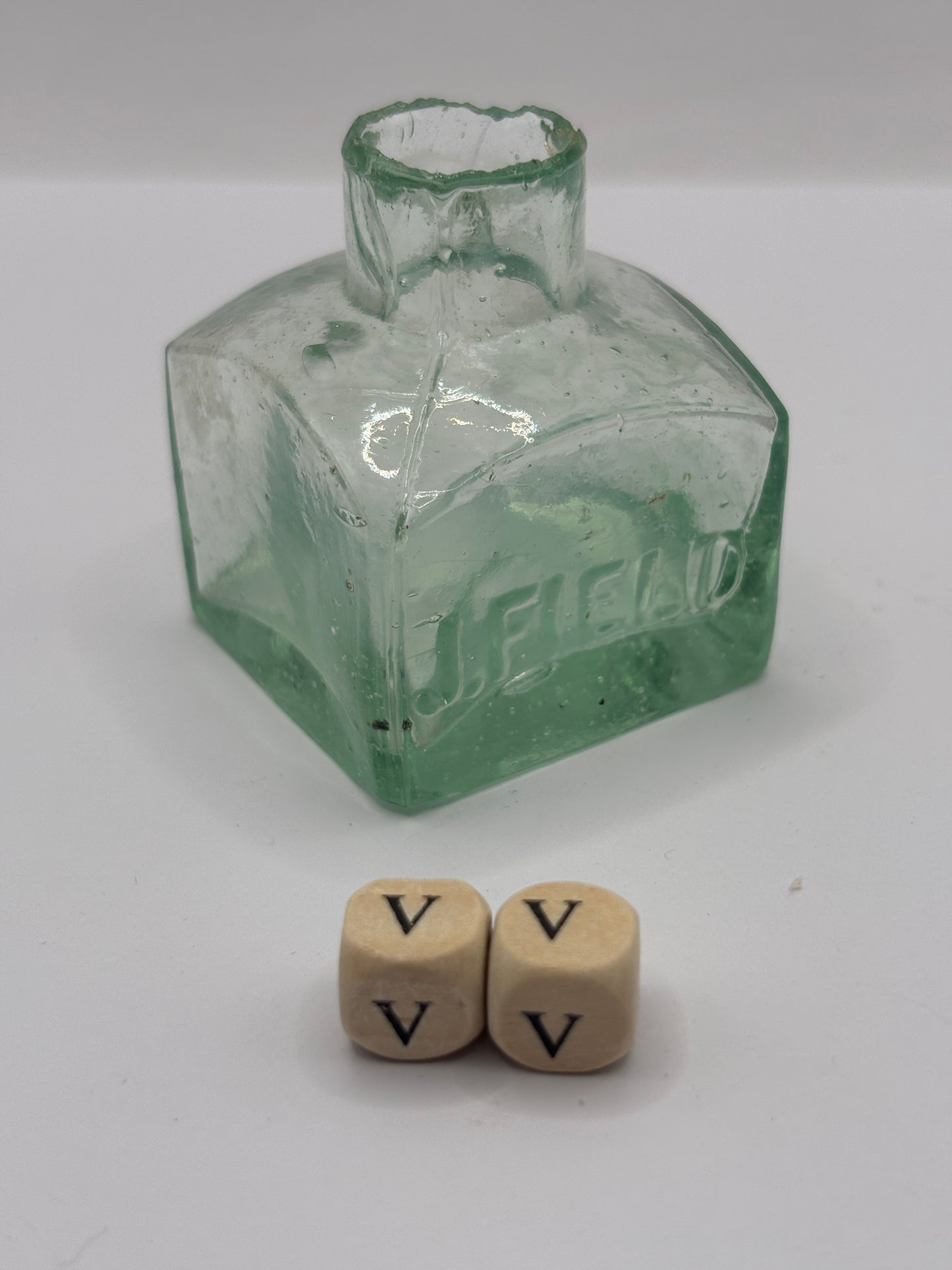 Old aqua glass advertising ink bottle, J.Field ink, inkwell, penny ink (vv)