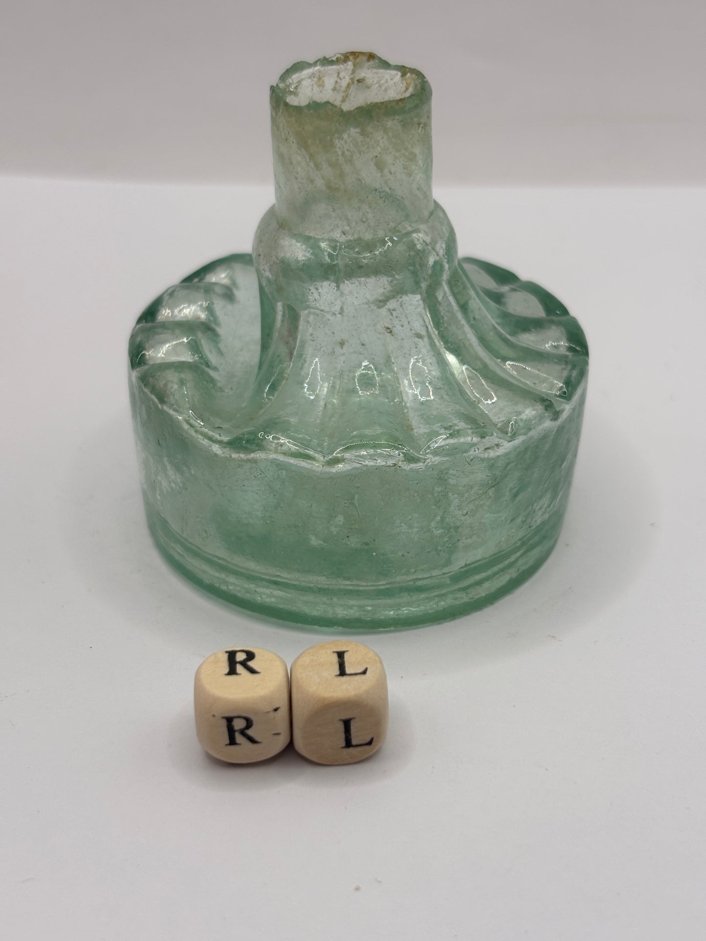 Old aqua glass tent ink, ink bottle. Inkwell (RL) diamond registration to base. Circus tent ink